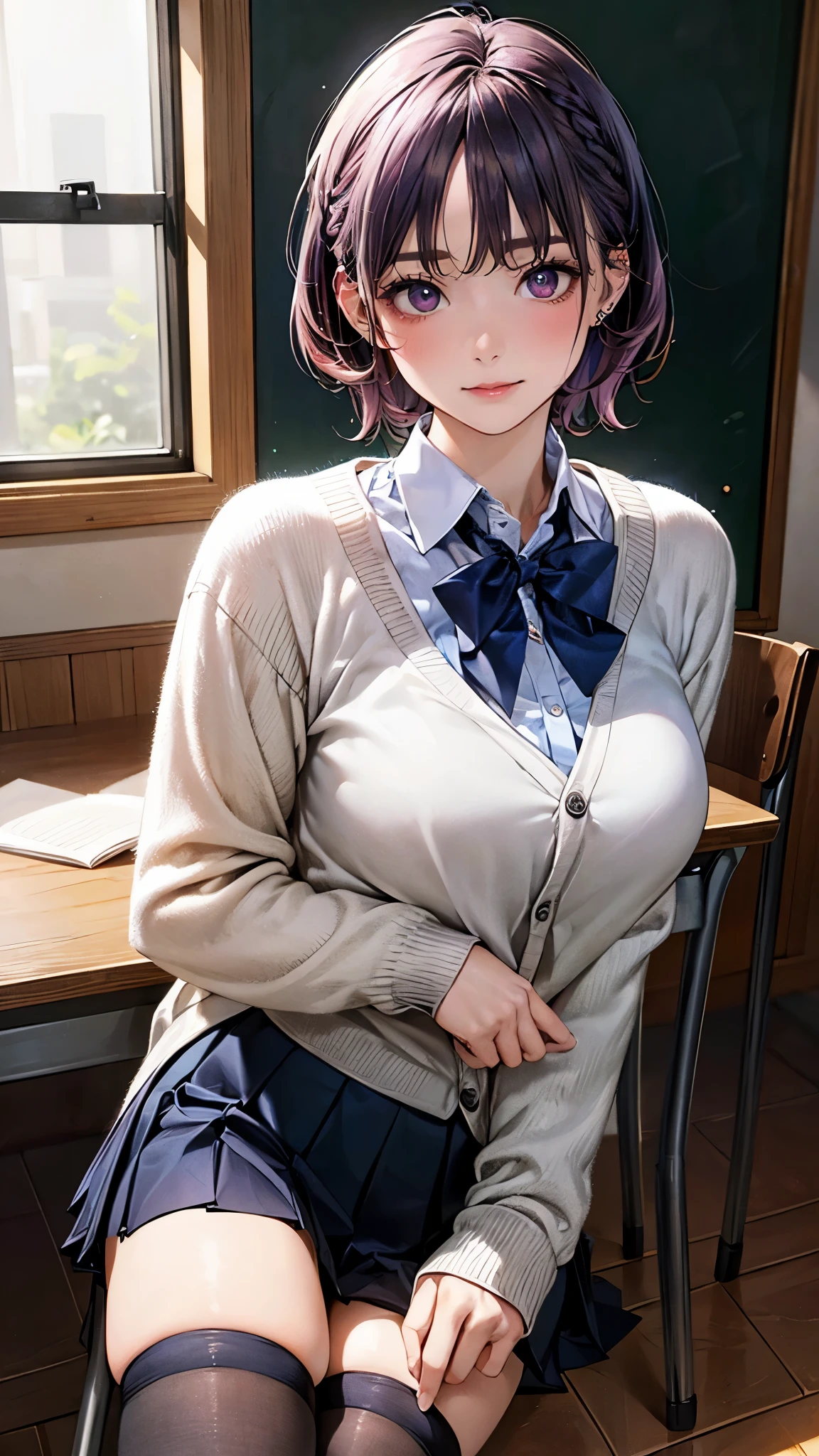 (masterpiece:1.2, top-quality), (realistic, photorealistic:1.4), beautiful illustration, (natural side lighting, movie lighting),
looking at viewer, fullbody, 1 woman, japanese, 22 years old, high school teacher, perfect face, cute and symmetrical face, shiny skin, babyface,
(short hair, messy hair, light purple hair), braided bangs, asymmetrical bangs, dark purple eyes, (middle breasts, seductive thighs, big ass), piercings,
beautiful hair, beautiful face, beautiful detailed eyes, beautiful clavicle, beautiful body, beautiful chest, beautiful thigh, beautiful legs, beautiful fingers,
((light grey green cardigan, closed clothes, navy blue pleated mini skirt, white collared shirt), dark red bow tie, black thigh-highs),
(beautiful scenery), evening, 2024 years, crassroom, blackboard, sitting school chair, crossed legs, (doyagao),