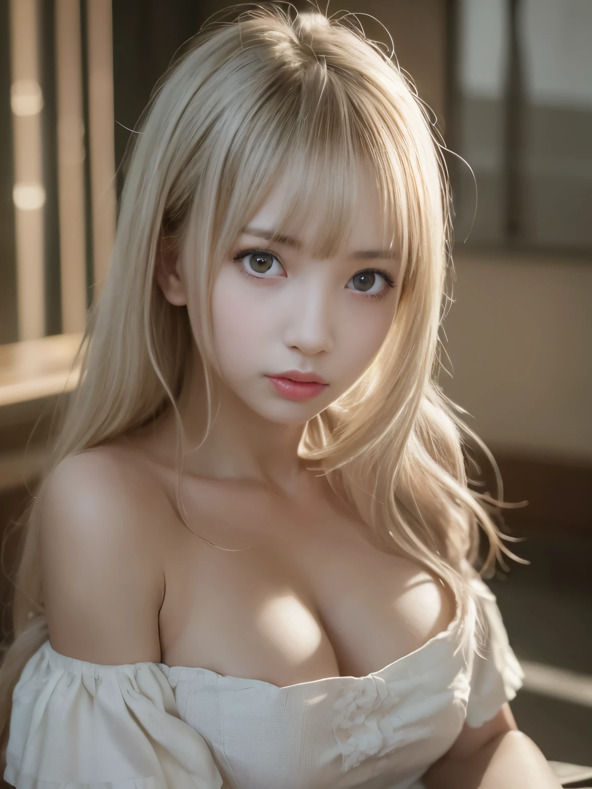 bright look、young shiny glossy white shiny skin、best beauty、Blonde reflected light、Platinum blonde hair with dazzling highlights、shiny bright hair,、Super long straight hair、Shining beautiful bangs、輝くクリスタルクリアな魅力的な大きな青いeye、very beautiful lovely cute 16 year old girl、rich bust,美しく細かいeye, beautifully detailed nose,(( whole body:1.5)),eyeが強調するメイク、,(A woman like Joan of Arc)、royal style，comic style, , Scattered beneath the surface, gorgeous details, nature background, 超realistic, ((cinematic)), dramatic lighting, table top、((Off-the-shoulder white shirt dress:1.4))、((Fight on the battlefield))、(Loose and fluffy perm:1.4)、1 girl、((bob hair:1.3))、Ultra-realistic 8k CG, 絵に描いたようなperfectionな顔, perfection, clean, table top, professional artwork, famous works, perfectionな顔, beautiful face, 美しいeye, ((perfectionな女性の体)), alone,(An immersive atmosphere, chiaroscuro:1.5,bright light:1.2,bright lighting),(blush:0.5),Enchanted expression,very detailed_eye,thick thighs,big breasts,Beautiful and detailed background,Depth of bounds written,realistic:1.3, long shot,sitting, whole body, (ambient light:1.3),(cinematic composition:1.3),(neon light:0.1),(nffsw:0.1),accent lighting, pantyhose,((dynamic pose))、(Fascinate boldly:1.5)