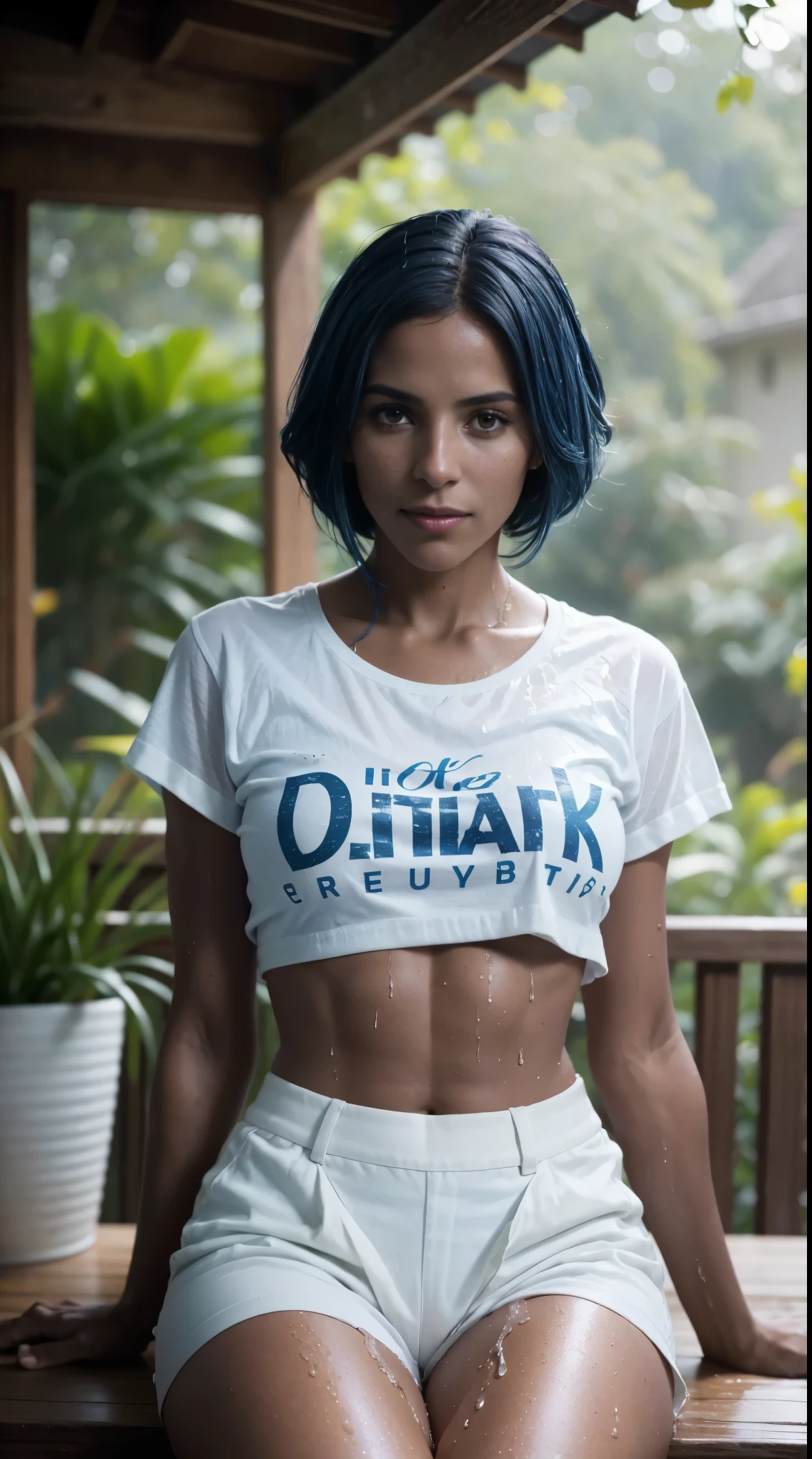 30 years old, gorgeous cute  Brazilian girl, smirk, freckles, (dark skin:1.5), (medium blue hair:1.4), (Isabel Goulart:1.4), a portrait of a (soaking wet of a milk:1.2) redhead, freckles teacher is sitting on a porch, white shirt, visible nipples through the white top t-shirt, slate atmosphere, cinematic, dimmed colors, dark shot, muted colors, film grainy, lut, insane details, intricate details, hyperdetailed, closeup, twilight, sexy look, famous beautiful model, good young girl, (masterpiece:1.0),(best_quality:1.0), ultra high res,4K,ultra-detailed, photography, 8K, HDR, highres, absurdres:1.2, Kodak portra 400, blurry background, bokeh, lens flare, (vibrant_color:1.2),professional photograph, (beautiful_face:1.5),(narrow_waist). --v 6