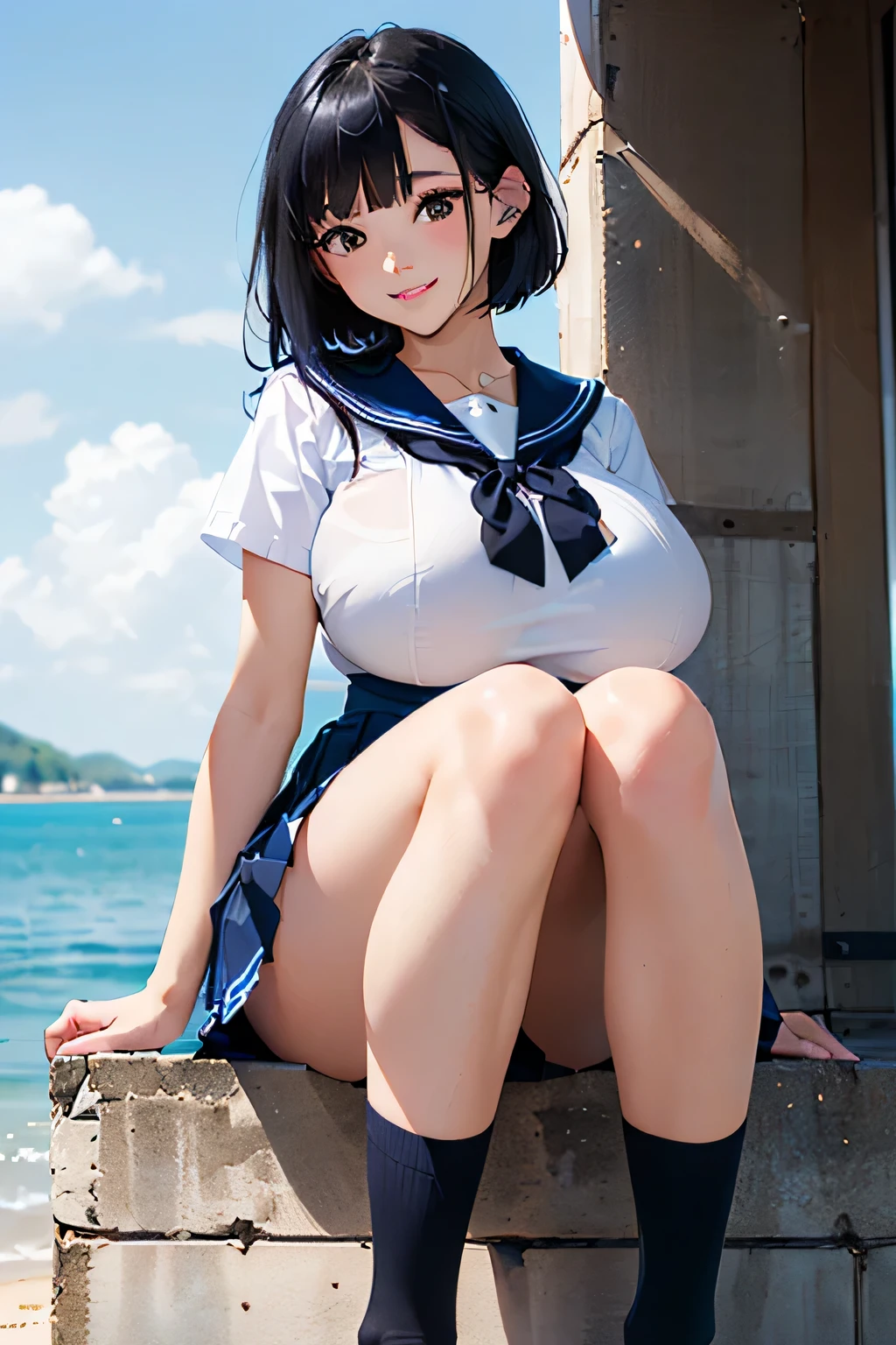 8K, High resolution, highest quality, masterpiece:1.5),(18-year-old)、(look away)、Fresh green scenery、Raw portrait of perfect Japanese girl、Photoreal、(sailor suit、Navy pleated mini skirt:1.3) (high school girl、huge breasts、perfect anatomy、beautiful limbs、tight waist、Seductive hips、Model-like appearance、black hair short cut、sit with your legs wide open to the sides:1.6)、(cute、cute smile、Navy Mini Skirt Sailor Suit、black socks)、sitting on the embankment by the sea、professional photography、Mysterious、