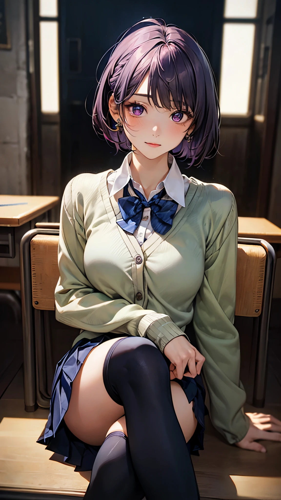 (masterpiece:1.2, top-quality), (realistic, photorealistic:1.4), beautiful illustration, (natural side lighting, movie lighting),
looking at viewer, fullbody, 1 woman, japanese, 22 years old, high school teacher, perfect face, cute and symmetrical face, shiny skin, babyface,
(short hair, messy hair, light purple hair), braided bangs, asymmetrical bangs, dark purple eyes, (middle breasts, seductive thighs, big ass), piercings,
beautiful hair, beautiful face, beautiful detailed eyes, beautiful clavicle, beautiful body, beautiful chest, beautiful thigh, beautiful legs, beautiful fingers,
((light grey green cardigan, closed clothes, navy blue pleated mini skirt, white collared shirt), dark red bow tie, black thigh-highs),
(beautiful scenery), evening, 2024 years, crassroom, blackboard, sitting school chair, crossed legs, (doyagao),