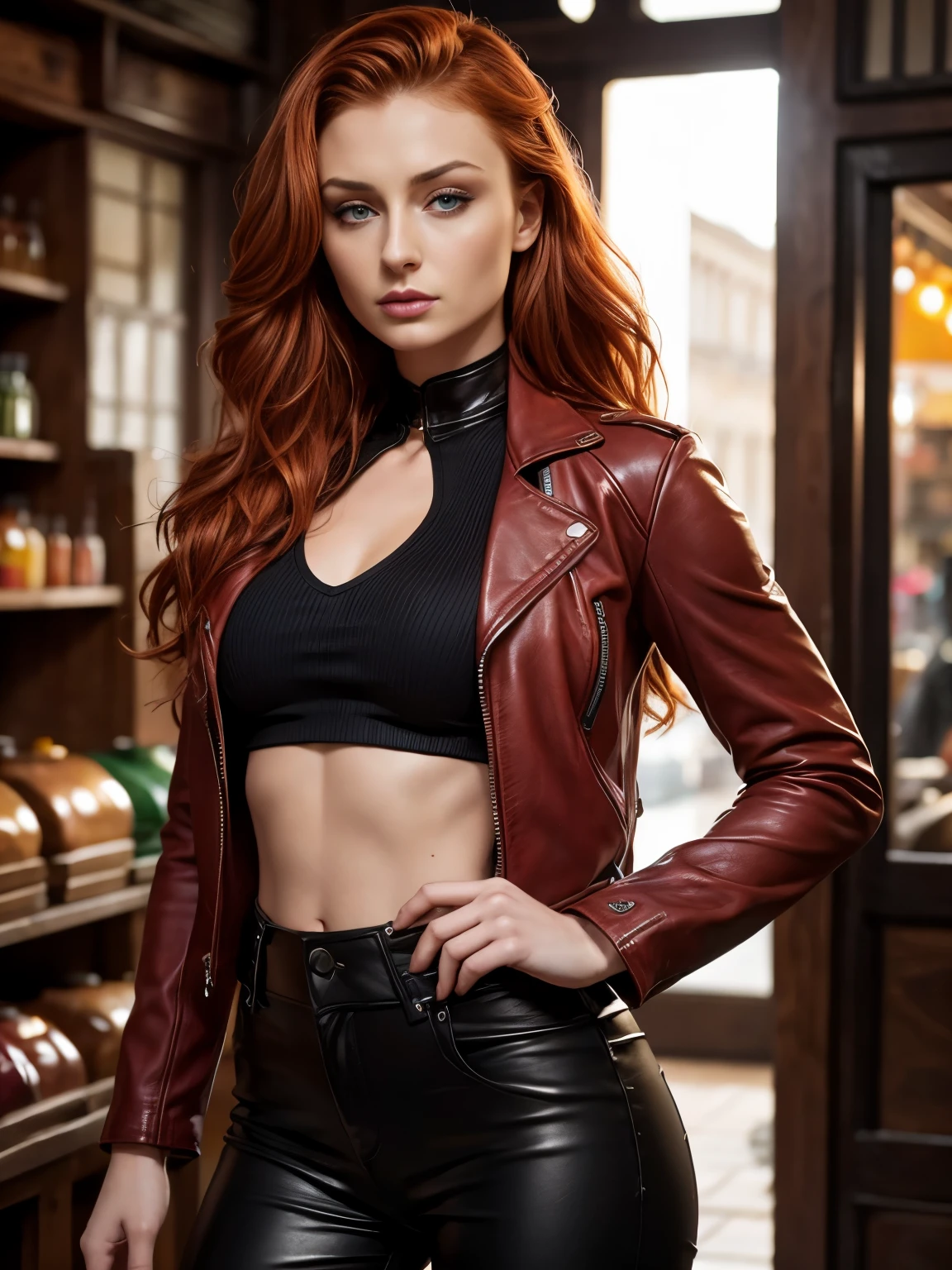 Super Detailed midbody image of Sophie Turner, red wavy hair, fierce look, leather jacket, standing in a turkish marketplace, perfect make-up, looking away from camera, cannon 6d, octane render, (hand on her hips:1.2), seductive pose, power pose, striking, (smiling:1.3), happy, expressive look, alluring look, determined look, strong eyeliner, mesmerizing eyes, elegant, graceful, natural beauty, magnetic, charismatic, versatile, photogenic, backlit