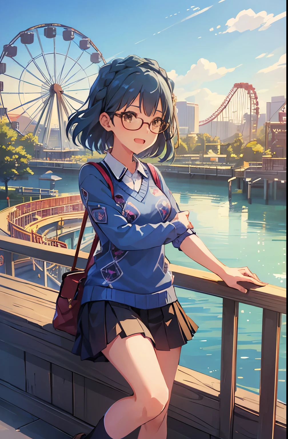 yuriko nanao (million live), 1 girl, Solo, Cute Girl, Best Quality, Ultra-detailed, 8K, High resolution, Detailed face, Bob Hair, smile, have fun, opened mouth, ((wearing glasses, blue sweater, Argyle sweater, short sleeves))), gray skirt, pleated skirt, black socks, brown footwear, (((in the amusement park, Ferris wheel and roller coaster in the background))),