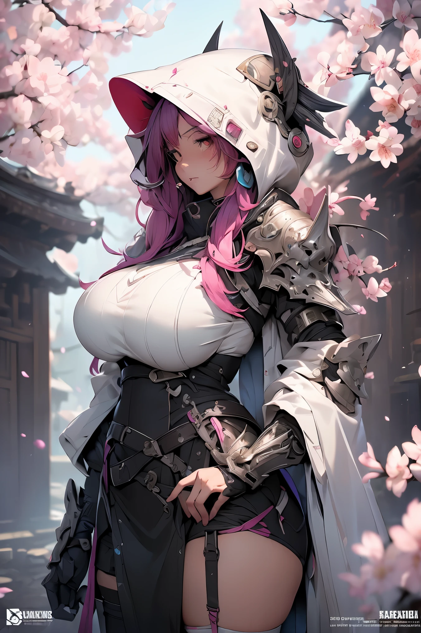 (masterpiece, top quality, best quality, official art, beautiful, cosmic, atmospheric, psychedelic, dreamlike and aesthetic, the most beautiful and highly detailed Harajuku-inspired hooded cyberpunk battle armor, super huge enormously gigantic tits, tons of tattoos and piercings:1.2), (1girl), extreme detailed,(fractal art:1.3),colorful,highest detailed, cherry blossoms blowing in the wind