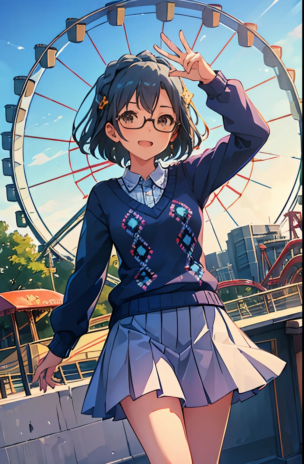 yuriko nanao (million live), 1 girl, Solo, Cute Girl, Best Quality, Ultra-detailed, 8K, High resolution, Detailed face, Bob Hair, smile, have fun, opened mouth, ((wearing glasses, blue sweater, Argyle sweater, short sleeves))), gray skirt, pleated skirt, black socks, brown footwear, (((in the amusement park, Ferris wheel and roller coaster in the background))),