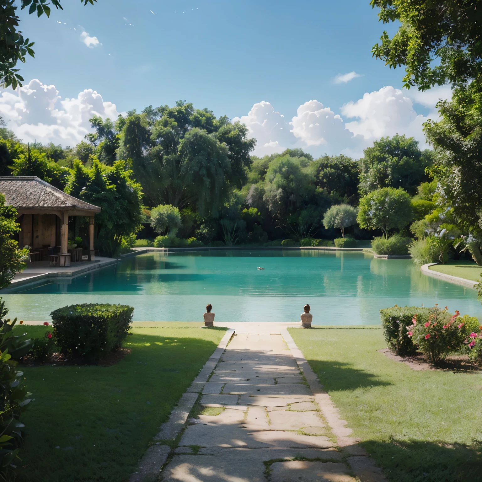 Create a realistic image of a paradisiacal place with beautiful trees and gardens with lakes and happy people