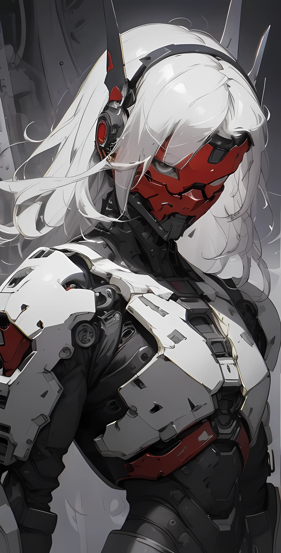 a close up of a female deity with a black and red biomechanical body, black and white void space, mix of magic and science, magic, science, black and red biomechanical details, silver tracing around some armor pieces, great character design, white biomechanical details, red mecha, highly detailed exquisite art, intricate red armor, no face, halo of energy over his head, 