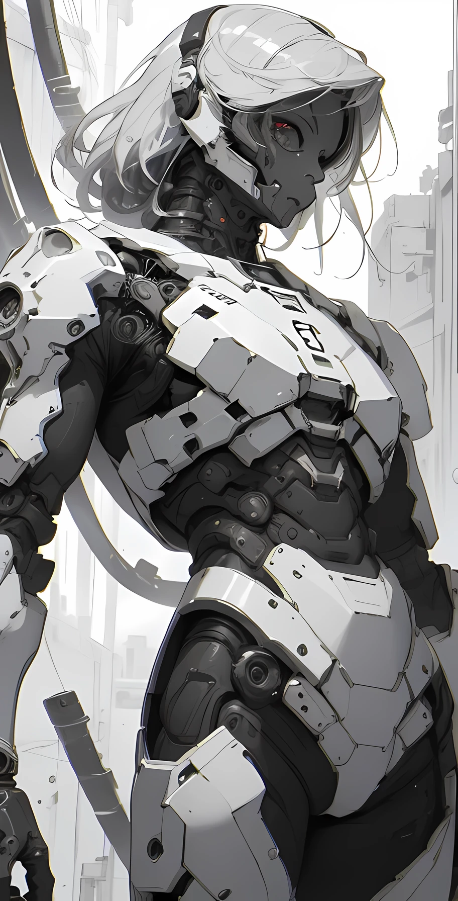 a close up of a female deity with a black and red biomechanical body, black and white void space, mix of magic and science, magic, science, black and red biomechanical details, silver tracing around some armor pieces, great character design, white biomechanical details, red mecha, highly detailed exquisite art, intricate red armor, no face, halo of energy over his head, 