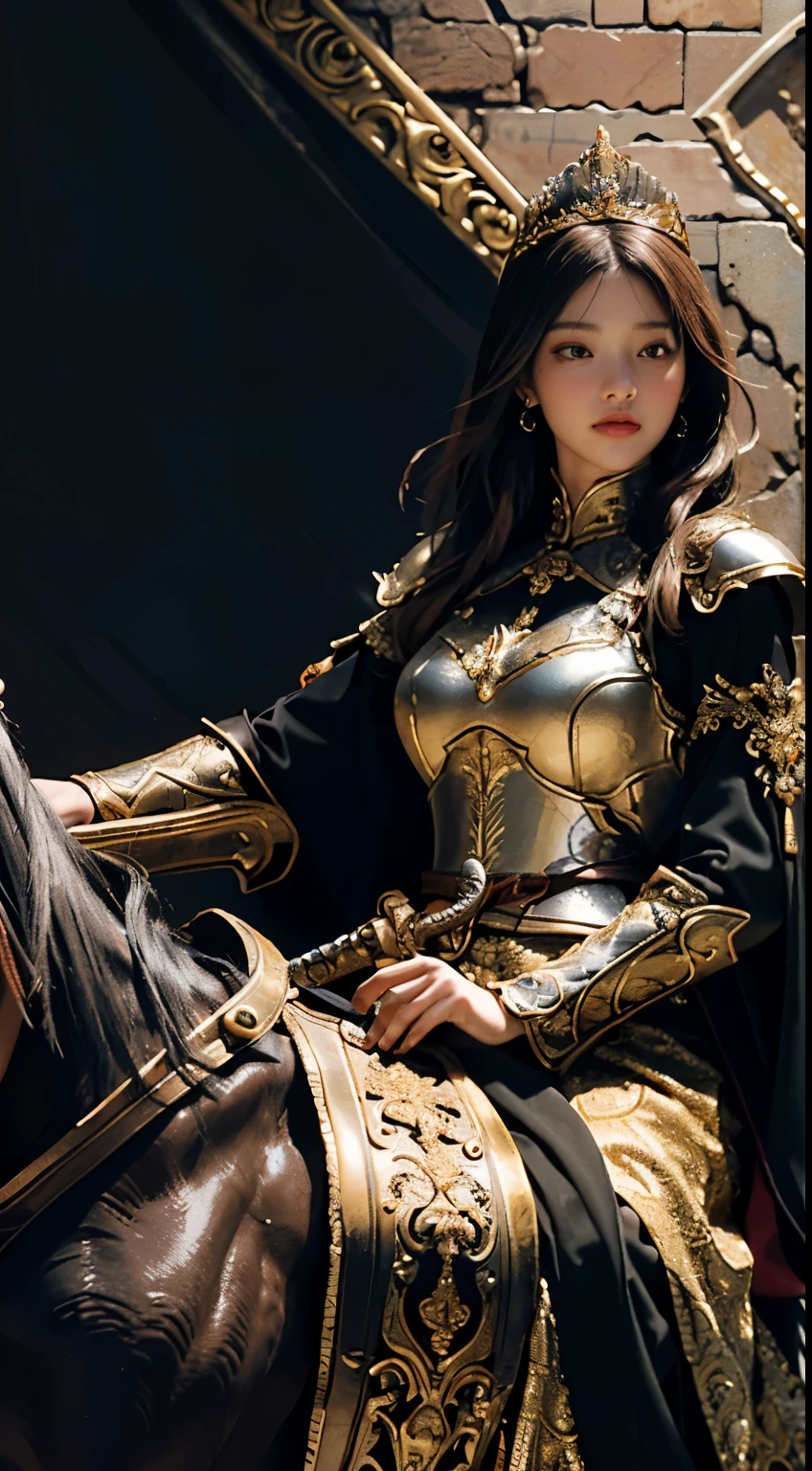 Highest image quality, outstanding details, ultra-high resolution, (realism: 1.4), the best illustration, favor details, highly condensed 1girl, with a delicate and beautiful face, gigantic ,sexy dressed in a black and gold armor of medieval age, wearing a tiara crown, holding a sword on right hand, riding on a horse, the background is a wall of the castle.