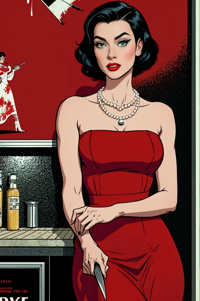 (Masterpiece, Best Quality), 8k Wallpaper, highly detailed, poster, vintage spy film, 1960s, sexy female rental killer, short black hair, (short Hair ) cinematic movie poster, Bauhaus, shapes, lines, abstract, propaganda, mid century modern, movie poster, vintage, Lady Killer by Joelle Jones, vintage clothes, long red dress, (red dress) , 
period dress, flowy dress. Pearl necklace , green eyes, in a kitchen, with a bloody knife in his hand, Lady Killer written in the background, comic, comic style