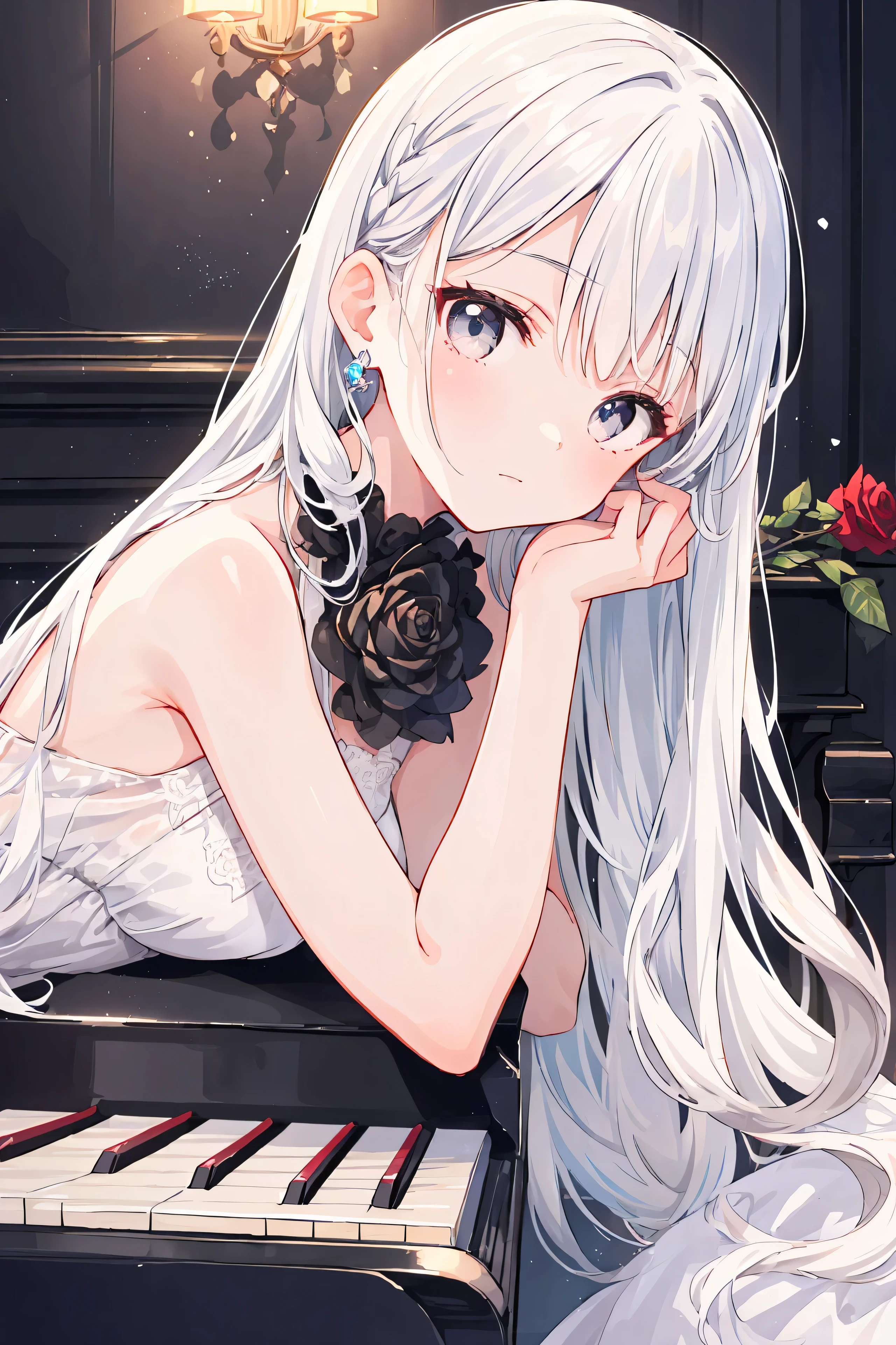 1fille, Seulement, Cheveux longs, piano, instrument, yeux noirs, robe, white robe, cheveux blancs, Regarder la visionneuse, particules légères, bouche fermée, à l'intérieur, bijoux, Sans manches, épaules nues, frange, du côté, repose-tête sur piano, Inclinaison de la tête,Rose noire, beaux yeux détaillés, contexte détaillé,