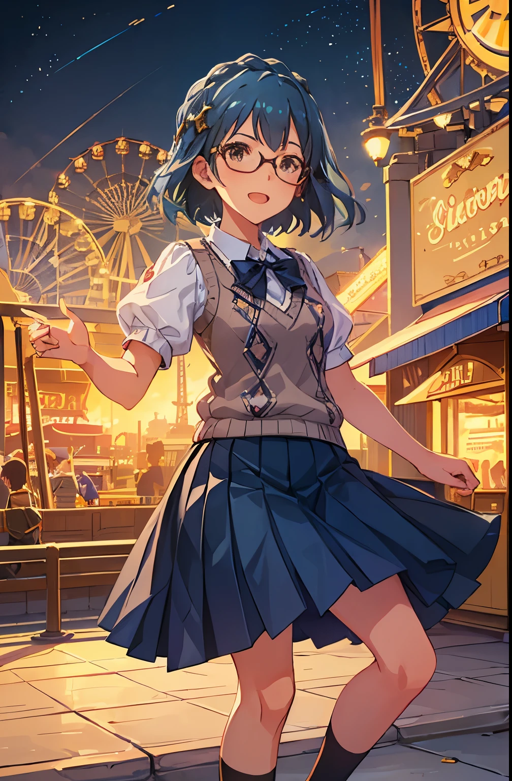 yuriko nanao (million live), 1 girl, Solo, Cute Girl, Best Quality, Ultra-detailed, 8K, High resolution, Detailed face, Bob Hair, smile, have fun, opened mouth, ((wearing glasses, blue sweater, Argyle sweater, short sleeves, puffy sleeves, gray skirt, pleated skirt, black socks, brown footwear, loafers))) (((in the amusement park, Ferris wheel and roller coaster in the background))),