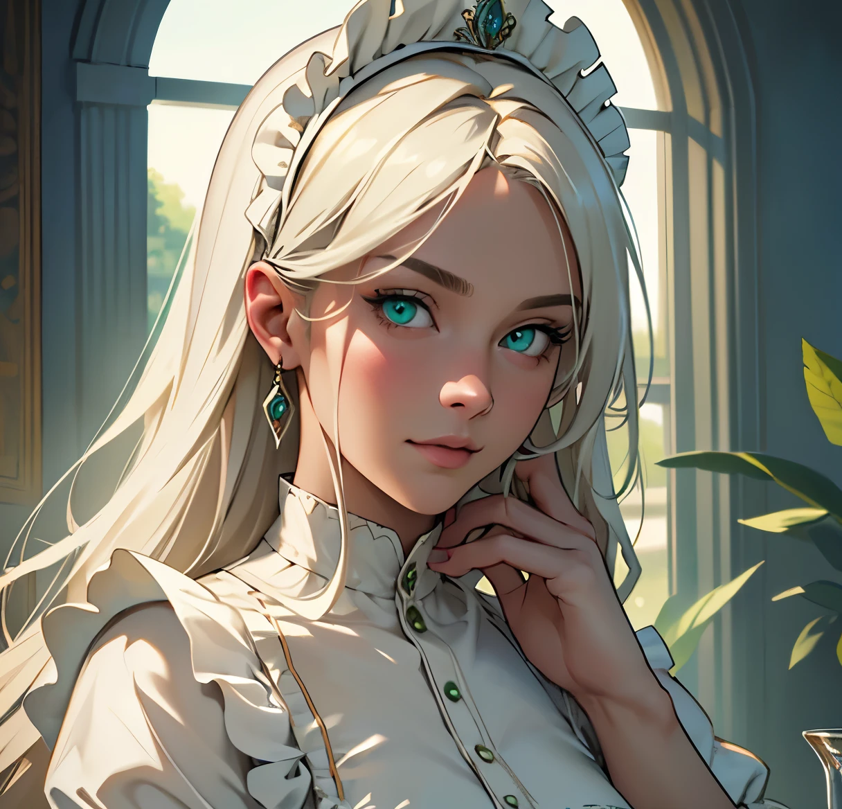 (high resolution,4k,8k,masterpiece:1.2),ultra-detailed,photorealistic:1.37,portraits,feminine style,long white hair,green eyes,maid costume,,fair skin. Palace setting. Ângulo do corpo inteiro.