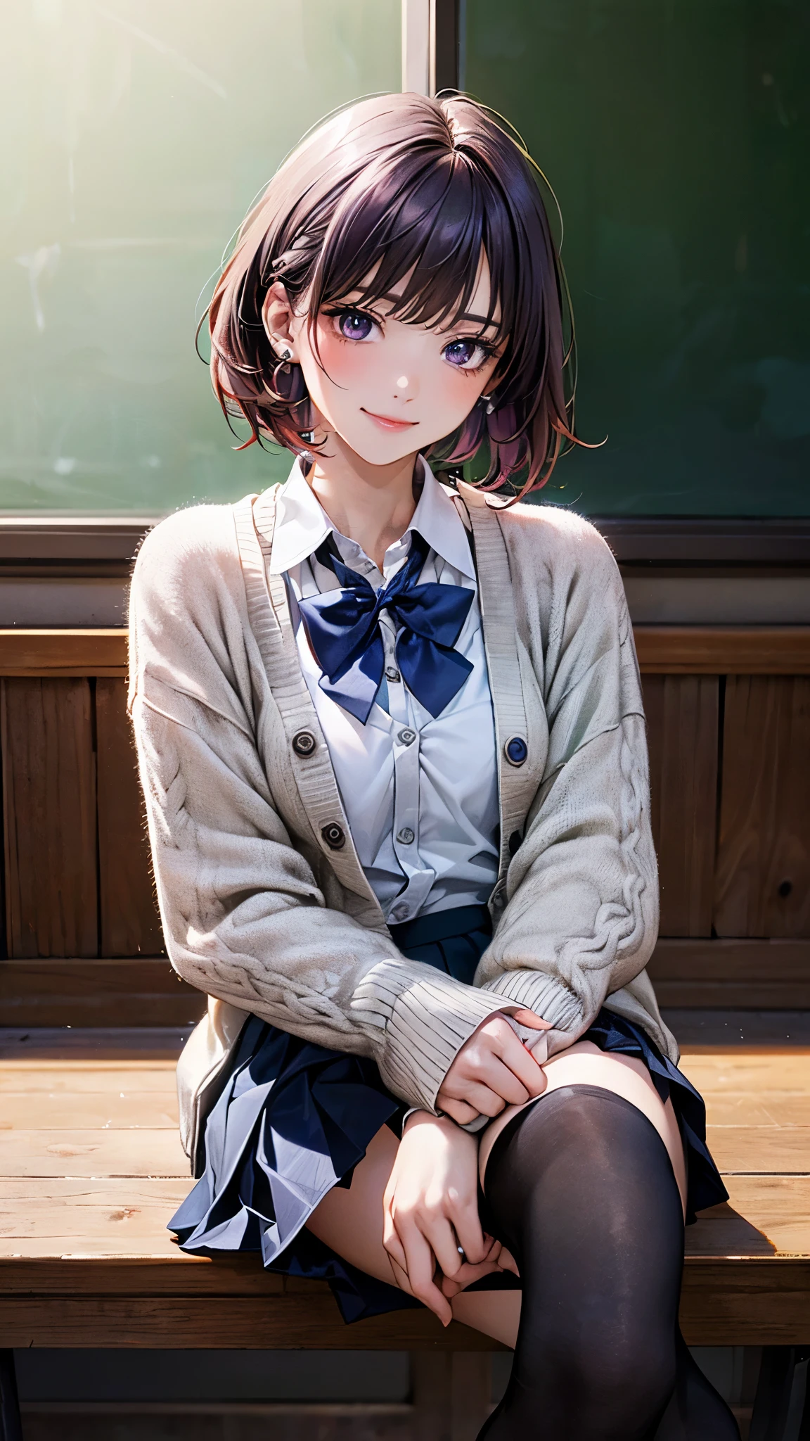 (masterpiece:1.2, top-quality), (realistic, photorealistic:1.4), beautiful illustration, (natural side lighting, movie lighting),
looking at viewer, fullbody, 1 woman, japanese, 22 years old, high school teacher, perfect face, cute and symmetrical face, shiny skin, babyface,
(short hair, messy hair, light purple hair), braided bangs, asymmetrical bangs, dark purple eyes, (middle breasts, seductive thighs, big ass), piercings,
beautiful hair, beautiful face, beautiful detailed eyes, beautiful clavicle, beautiful body, beautiful chest, beautiful thigh, beautiful legs, beautiful fingers,
((light grey green cardigan, closed clothes, navy blue pleated mini skirt, white collared shirt), dark red bow tie, black thigh-highs),
(beautiful scenery), evening, 2024 years, crassroom, blackboard, sitting school chair, crossed legs, (smug face),