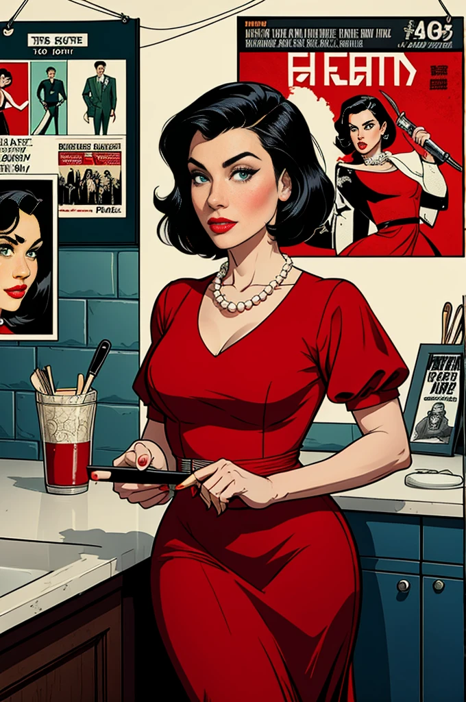 (Masterpiece, Best Quality), 8k Wallpaper, highly detailed, poster, vintage spy film, 1960s, sexy female rental killer, short black hair, (short Hair ) cinematic movie poster, Bauhaus, shapes, lines, abstract, propaganda, mid century modern, movie poster, vintage, Lady Killer by Joelle Jones, vintage clothes, long red dress, (red dress) ,
period dress, flowy dress. Pearl necklace , green eyes, in a kitchen, with a bloody knife in his hand, Lady Killer written in the background, comic, comic style