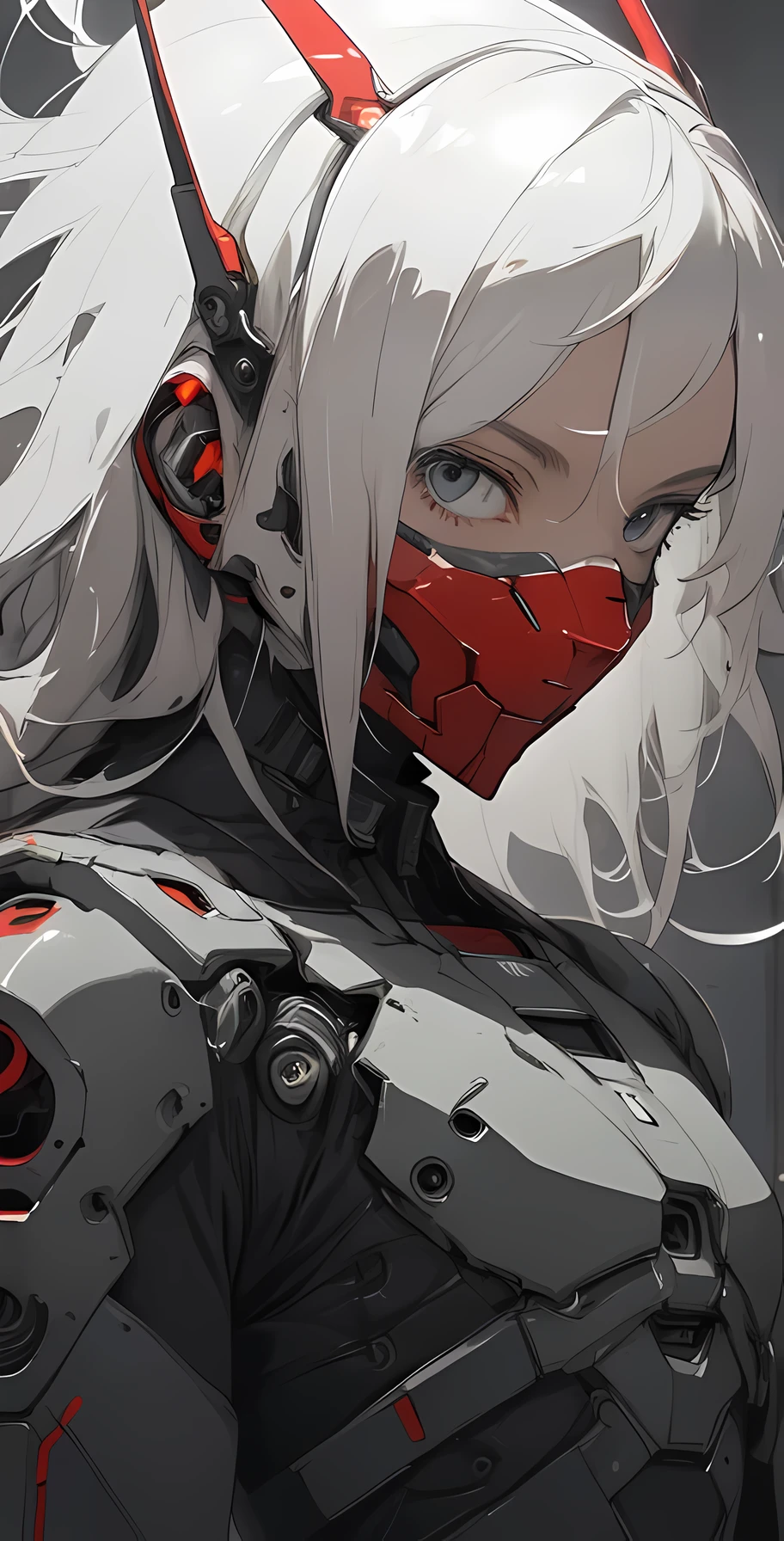 a close up of a female deity with a black and red biomechanical body, black and white void space, mix of magic and science, magic, science, black and red biomechanical details, silver tracing around some armor pieces, great character design, white biomechanical details, red mecha, highly detailed exquisite art, intricate red armor, no face, halo of energy over his head, 