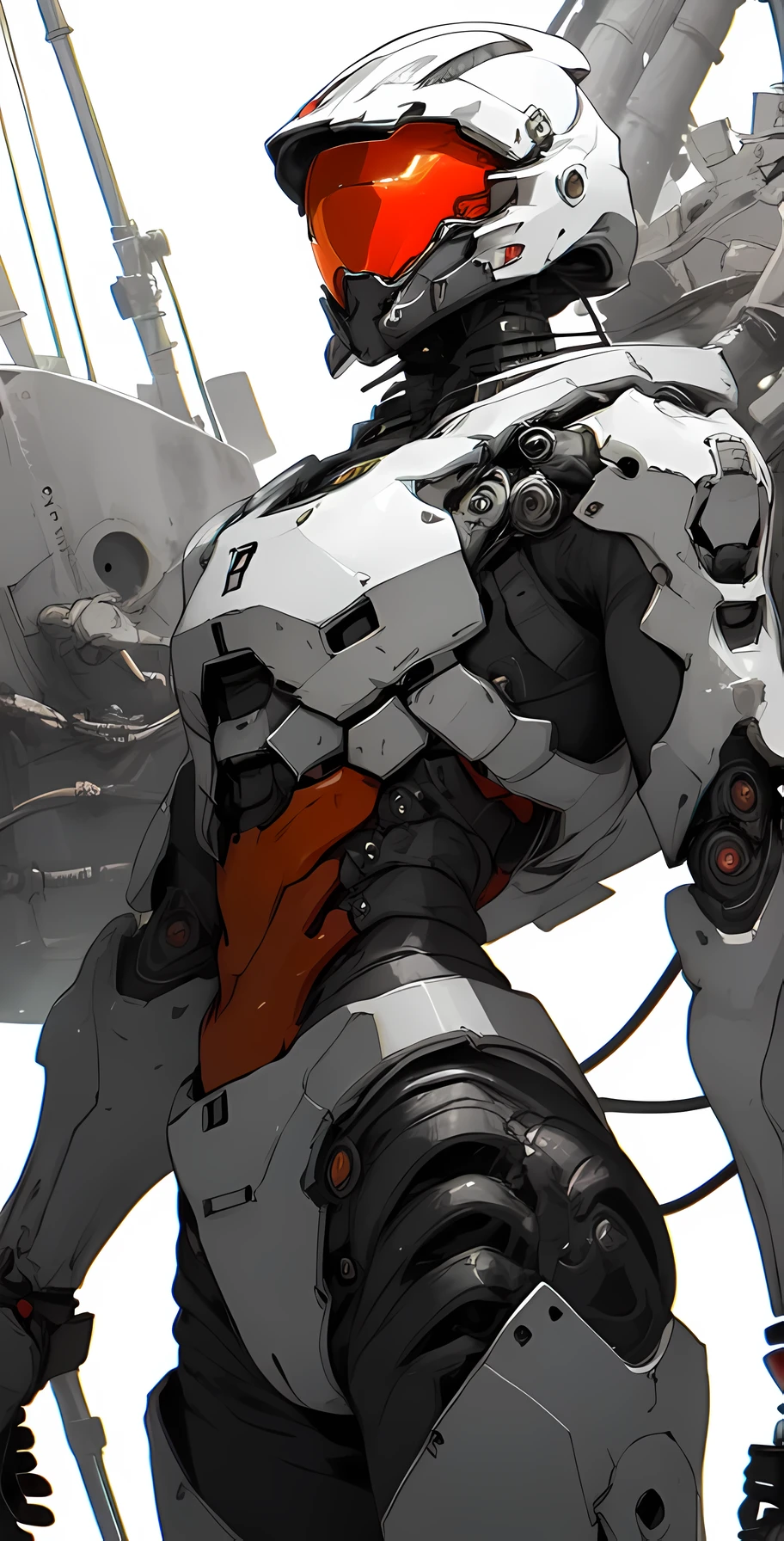 a close up of a female deity with a black and red biomechanical body, black and white void space, mix of magic and science, magic, science, black and red biomechanical details, silver tracing around some armor pieces, great character design, white biomechanical details, red mecha, highly detailed exquisite art, intricate red armor, no face, halo of energy over his head, 