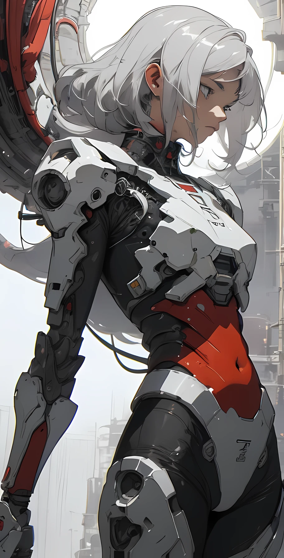 a close up of a female deity with a black and red biomechanical body, black and white void space, mix of magic and science, magic, science, black and red biomechanical details, silver tracing around some armor pieces, great character design, white biomechanical details, red mecha, highly detailed exquisite art, intricate red armor, no face, halo of energy over his head, 