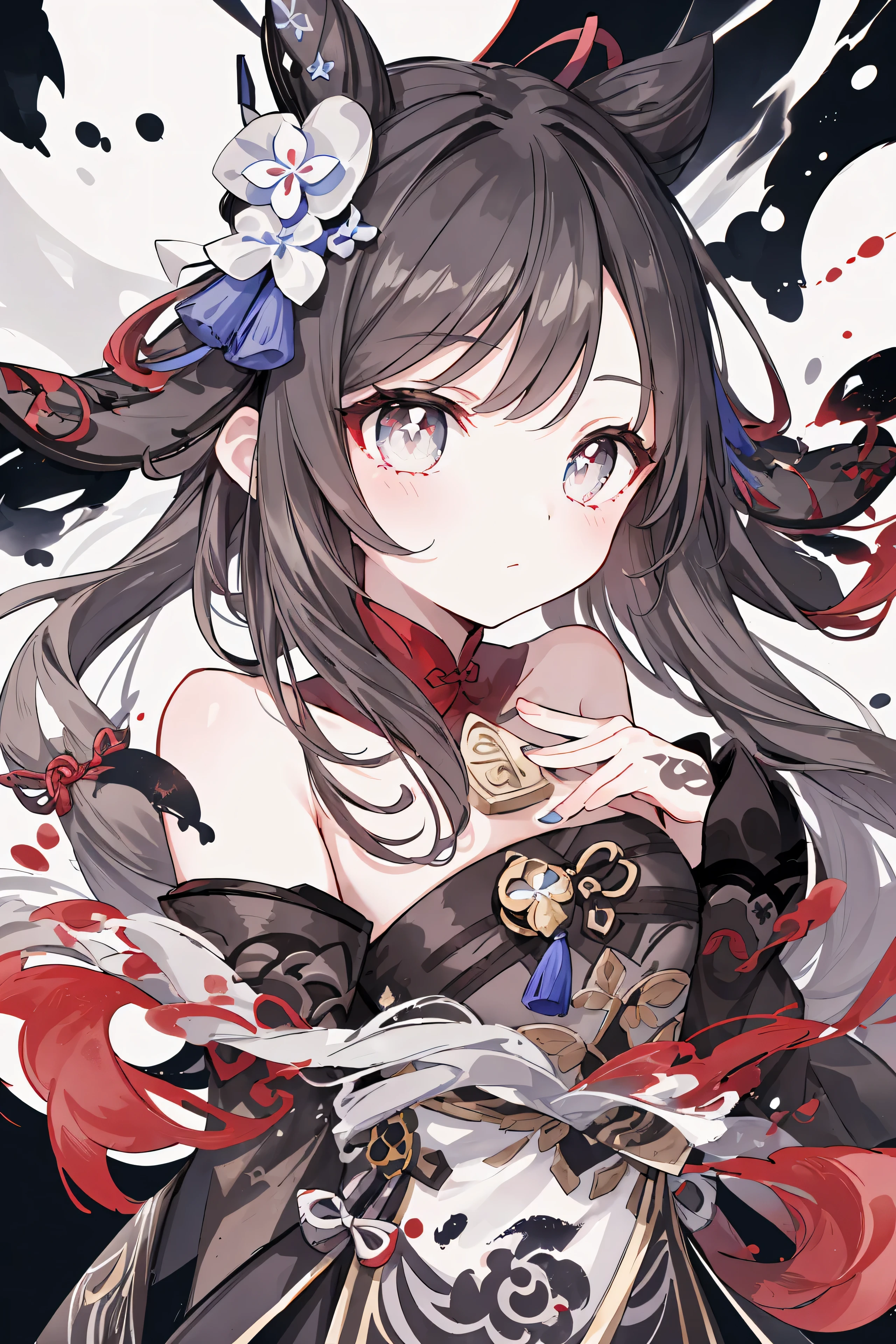 {{{{chef-d'artwork}}}}, {{{super detailed}}}, {{{high resolution}}}, {{bonne anatomie}}, (((best quality))), ((an extremely delicate and beautiful)), {{an extremely detailed and delicate}}, {fond d'8k cg screen}, {{illustration}}, (grayscale with colored background:1.1), laser trace, Bokeh, fond noir, (Splashed ink:1.3), 1fille, Seulement, hutao(GenshinImpact), Boo Tao, pupilles en forme de symbole, urgent1,