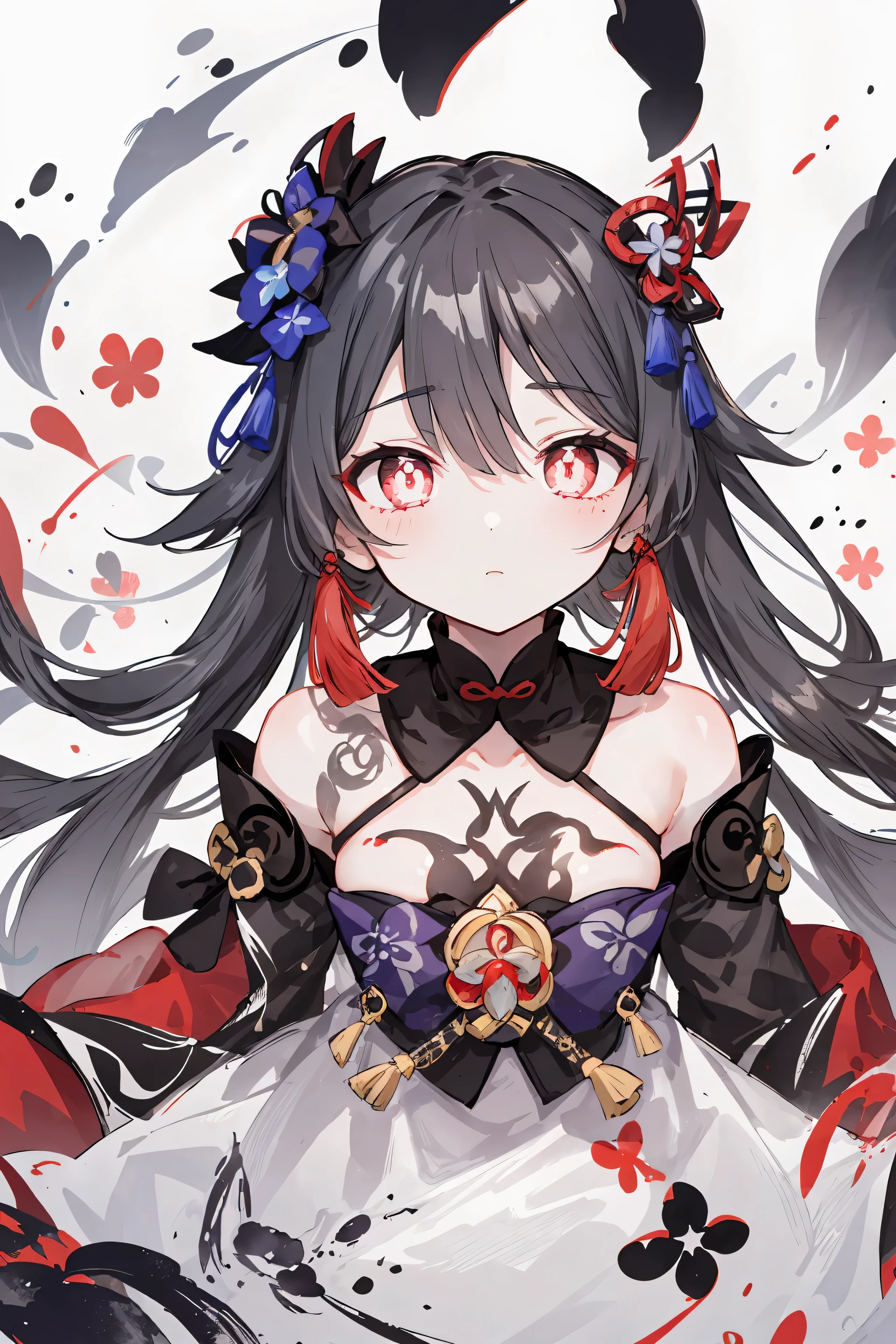 {{{{chef-d'artwork}}}}, {{{super detailed}}}, {{{high resolution}}}, {{bonne anatomie}}, (((best quality))), ((an extremely delicate and beautiful)), {{an extremely detailed and delicate}}, {fond d'8k cg screen}, {{illustration}}, (grayscale with colored background:1.1), laser trace, Bokeh, fond noir, (Splashed ink:1.3), 1fille, Seulement, hutao(GenshinImpact), Boo Tao, pupilles en forme de symbole, urgent1,