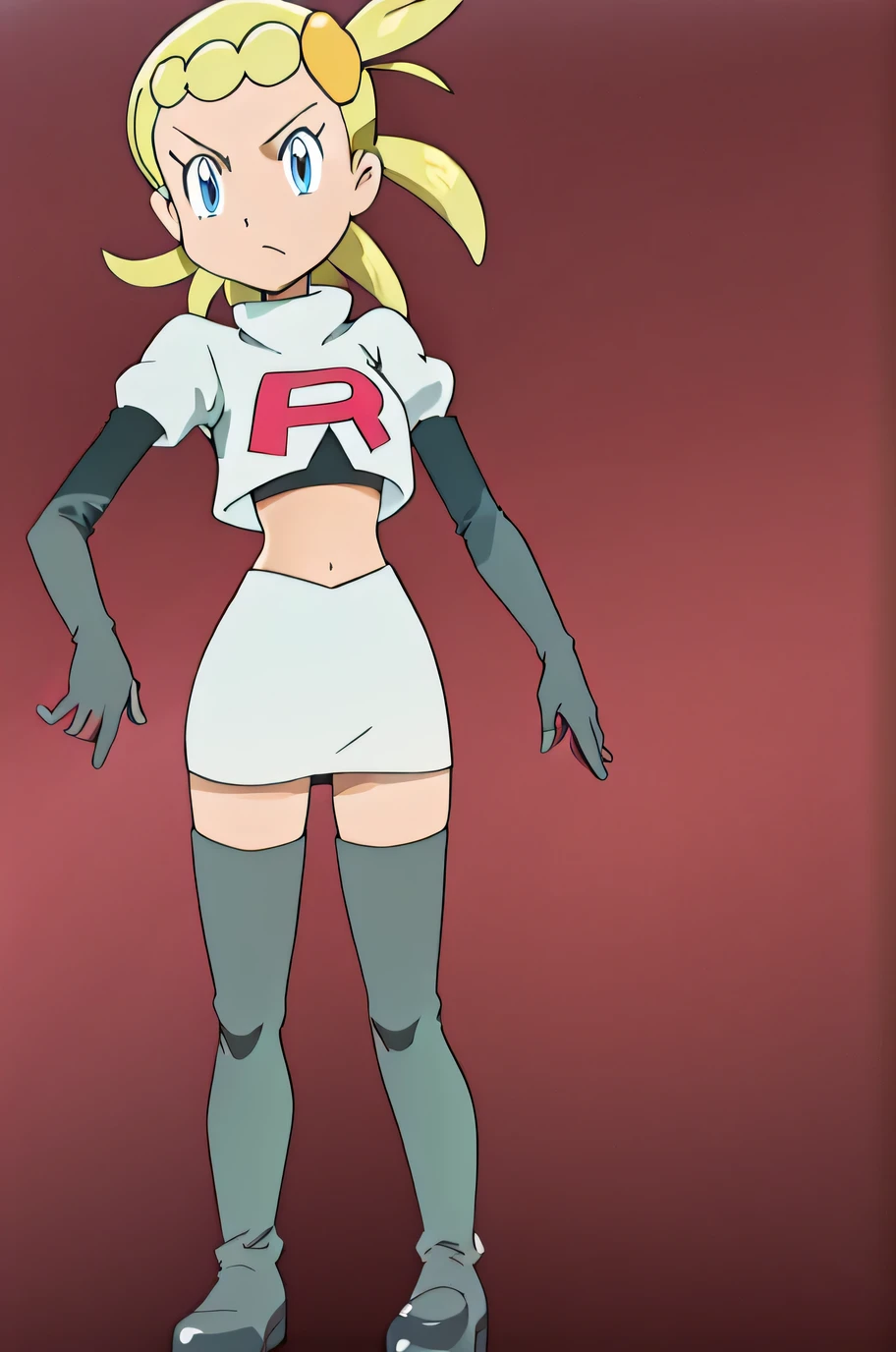 masterpiece, best quality, highres,team rocket uniform, red letter r, white skirt, white crop top, black thigh-high boots, black elbow gloves, glaring angrily, looking at viewer, hands on hips, full body seen, zettai ryouiki