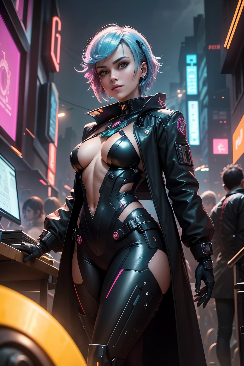 In the vibrant world of cyberpunk, a charismatic figure dressed in black steps forward, revealing a sleek mecha hidden beneath her trench coat. With a confident grin, she showcases her Machina Alter ego, its intricate mechanisms glinting under the neon lights. The crowd watches in awe as she effortlessly maneuvers the mecha, its bulky frame seemingly defying the laws of physics.

Meanwhile, Esssica, an inquisitive and adventurous woman with short chestnut hair and penetrating eyes, finds herself immersed in a realm of knowledge. Surrounded by her cluttered studio, littered with textbooks and formulas,