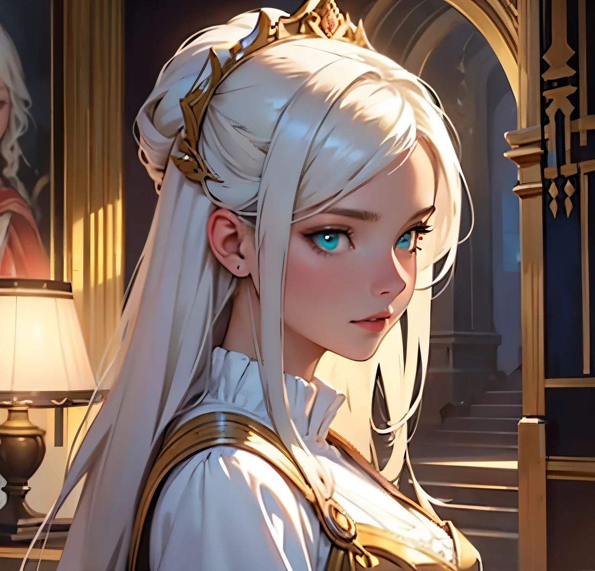 A girl with long white hair and green eyes, dressed in a beautiful queen costume, standing in a palace setting. The girl is 15 years old, with fair skin and a feminine style. The portrait should be of the best quality, with a resolution of 4k or 8k, and considered a masterpiece with a 1.2 creative boost. The image should be ultra-detailed and photorealistic, with a focus on capturing the intricate details of the girl's face, eyes, and lips. The overall color tone should be vibrant, with vivid colors that enhance the femininity of the subject. The lighting should be soft and balanced, illuminating the scene from various angles to create a harmonious and inviting atmosphere.