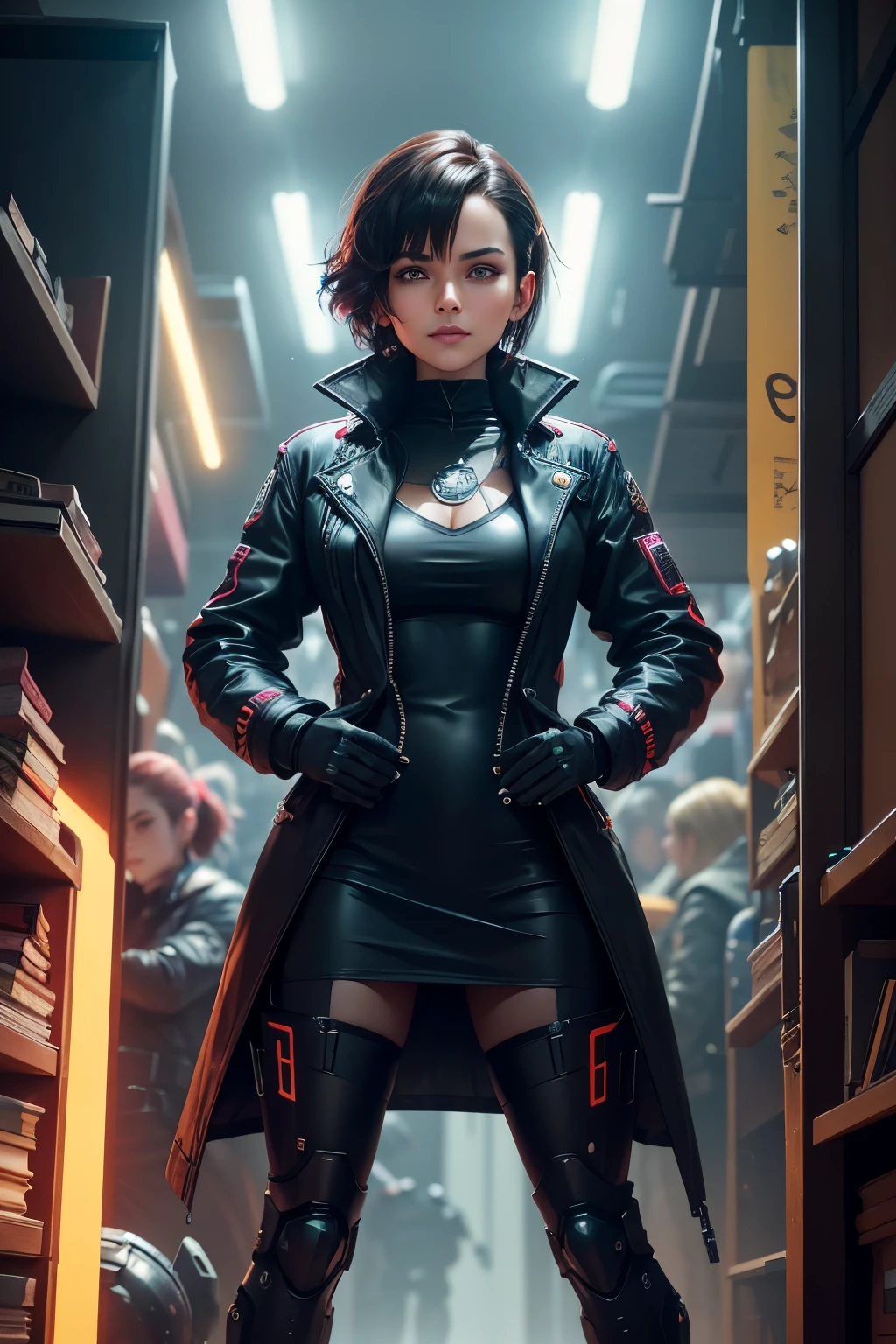 In the vibrant world of cyberpunk, a charismatic figure dressed in black steps forward, revealing a sleek mecha hidden beneath her trench coat. With a confident grin, she showcases her Machina Alter ego, its intricate mechanisms glinting under the neon lights. The crowd watches in awe as she effortlessly maneuvers the mecha, its bulky frame seemingly defying the laws of physics.

Meanwhile, Esssica, an inquisitive and adventurous woman with short chestnut hair and penetrating eyes, finds herself immersed in a realm of knowledge. Surrounded by her cluttered studio, littered with textbooks and formulas,