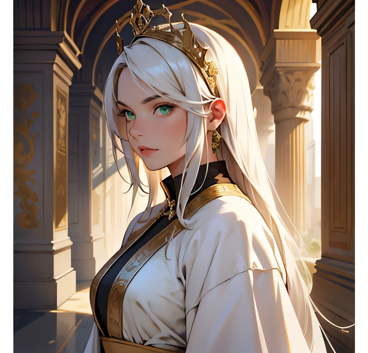 A girl with long white hair and green eyes, dressed in a beautiful queen costume, standing in a palace setting. The girl is 15 years old, with fair skin and a feminine style. The portrait should be of the best quality, with a resolution of 4k or 8k, and considered a masterpiece with a 1.2 creative boost. The image should be ultra-detailed and photorealistic, with a focus on capturing the intricate details of the girl's face, eyes, and lips. The overall color tone should be vibrant, with vivid colors that enhance the femininity of the subject. The lighting should be soft and balanced, illuminating the scene from various angles to create a harmonious and inviting atmosphere.