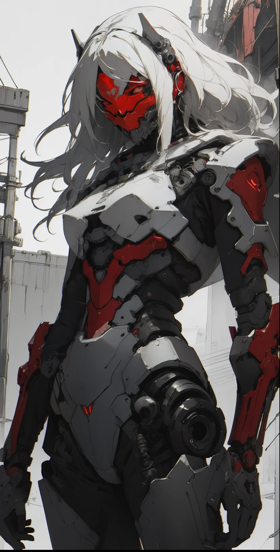 a close up of a female deity with a black and red biomechanical body, black and white void space, mix of magic and science, magic, science, black and red biomechanical details, silver tracing around some armor pieces, great character design, white biomechanical details, red mecha, highly detailed exquisite art, intricate red armor, no face, halo of energy over his head, 