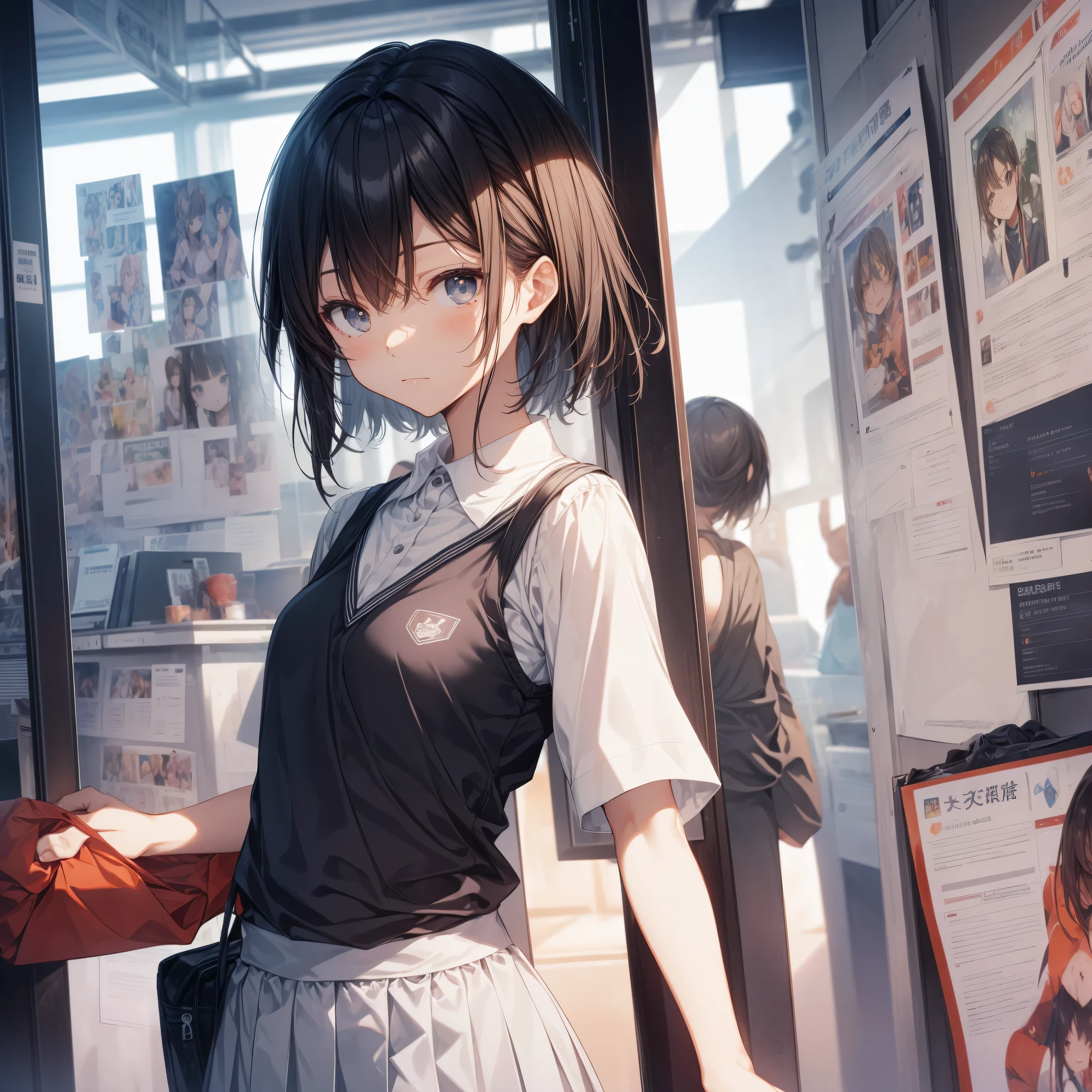 Super high quality by the art god, super detailed, High resolution, AI generated, anime moe art style, best anime 8K konachan wallpaper, pixiv contest winner, perfect anatomy, break,(眠そうにalone学校へ行く女の子を描いてください. ),break, 1 girl, (alone,ta, , 13 y),All limbs, full finger,, androgynous charm, (very short hair), messy hair, flat chest, Because I'm slender, small ass, between legs, Small black eyes, beautiful and fine eyes, Well-proportioned iris and pupils, expressive eyes,disgusted eyes, High resolutionの詳細な髪, wearing school uniform, (skirt),(detailed lighting), (detailed background), On the way to school. break,super dense skin, Best lighting by famous artists, 8K, figure,UHD, rough skin