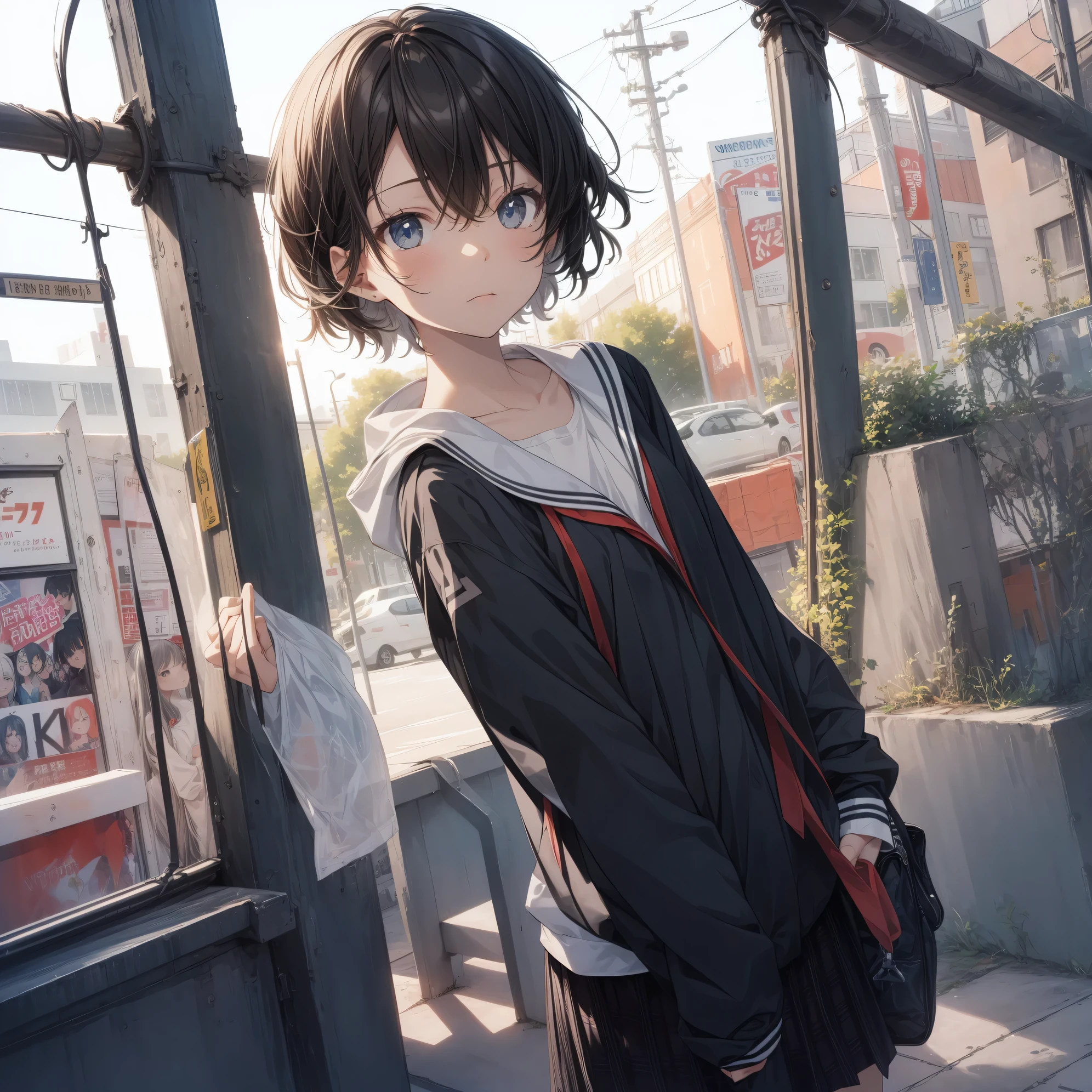 Super high quality by the art god, super detailed, High resolution, AI generated, anime moe art style, best anime 8K konachan wallpaper, pixiv contest winner, perfect anatomy, break,(眠そうにalone学校へ行く女の子を描いてください. ),break, 1 girl, (alone,lolita, , :1.3),All limbs, full finger,, androgynous charm, (very short hair), messy hair, flat chest, Because I'm slender, small ass, between legs, Small black eyes, beautiful and fine eyes, Well-proportioned iris and pupils, expressive eyes,disgusted eyes, High resolutionの詳細な髪, wearing school uniform, (skirt),(detailed lighting), (detailed background), On the way to school. break,super dense skin, Best lighting by famous artists, 8K, figure,UHD, rough skin