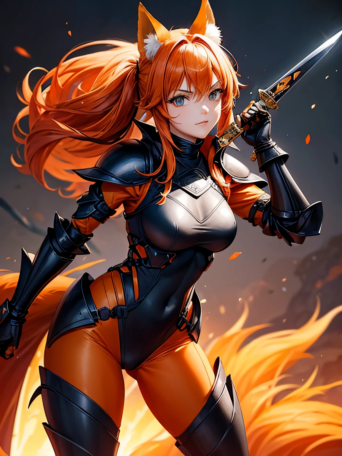 Beautiful 20 year old girl standing up holding a steel sword with orange hair and wearing a tight black spandex bodysuit with metal armored boots and armored thigh pads and armored tight leggings. She also has cute orange fox ears and a cute orange fox tail.