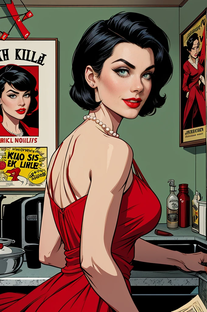 (Masterpiece, Best Quality), 8k Wallpaper, highly detailed, poster, vintage spy film, 1960s, sexy female rental killer, short black hair, (short Hair ) cinematic movie poster, Bauhaus, shapes, lines, abstract, propaganda, mid century modern, movie poster, vintage, Lady Killer by Joelle Jones, vintage clothes, long red dress, (red dress) , 
period dress, flowy dress. Pearl necklace , green eyes, in a kitchen, with a bloody knife in his hand, Lady Killer written in the background, comic, comic style