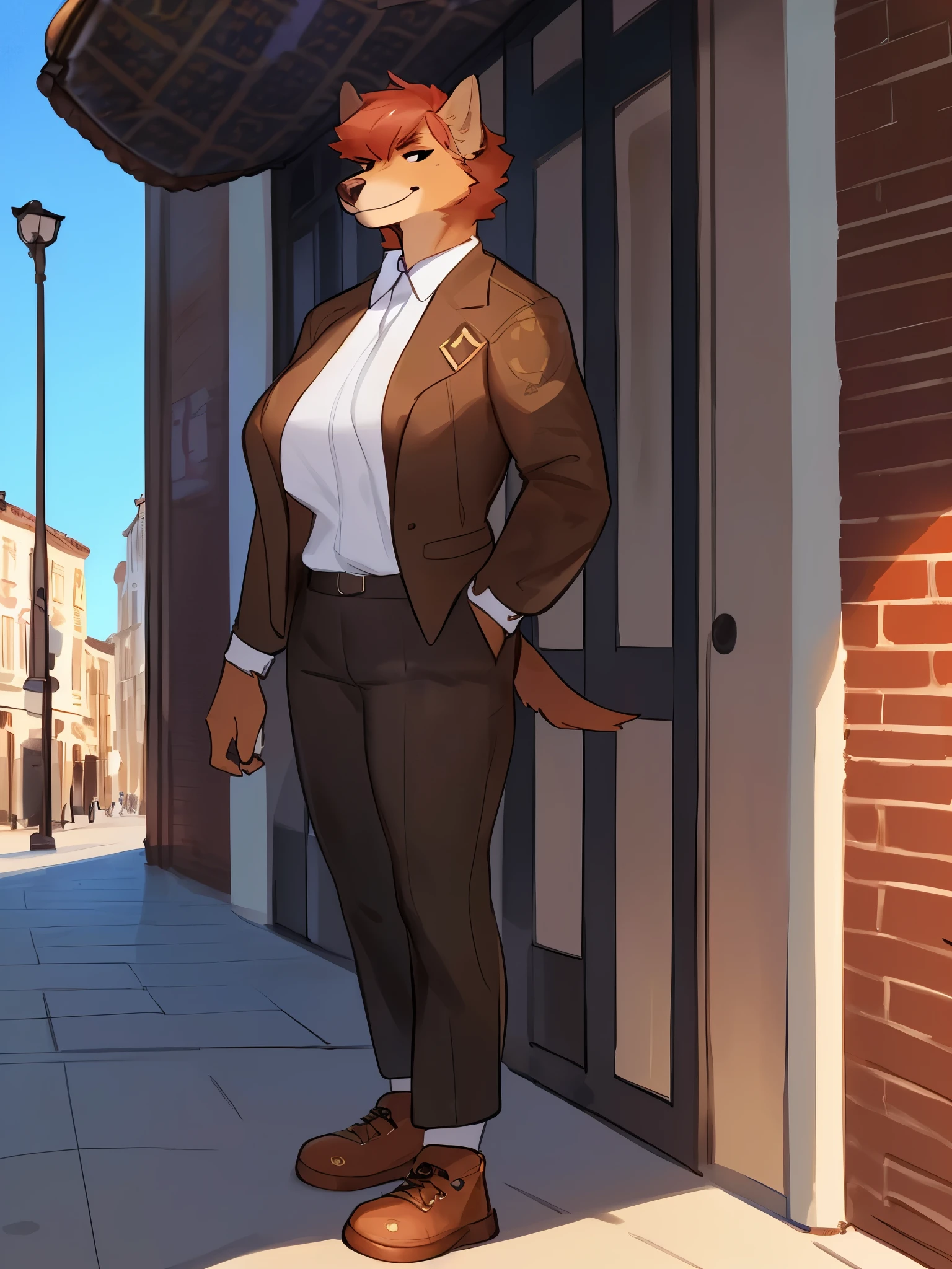 by bebebebebe, by lostgoose, by goonie-san, solo, standing, female, brown wolf, massive, muscular, tall, big breasts, italian city, ((snout, copper hair)), smirking, ((designer clothes, louis vuitton))