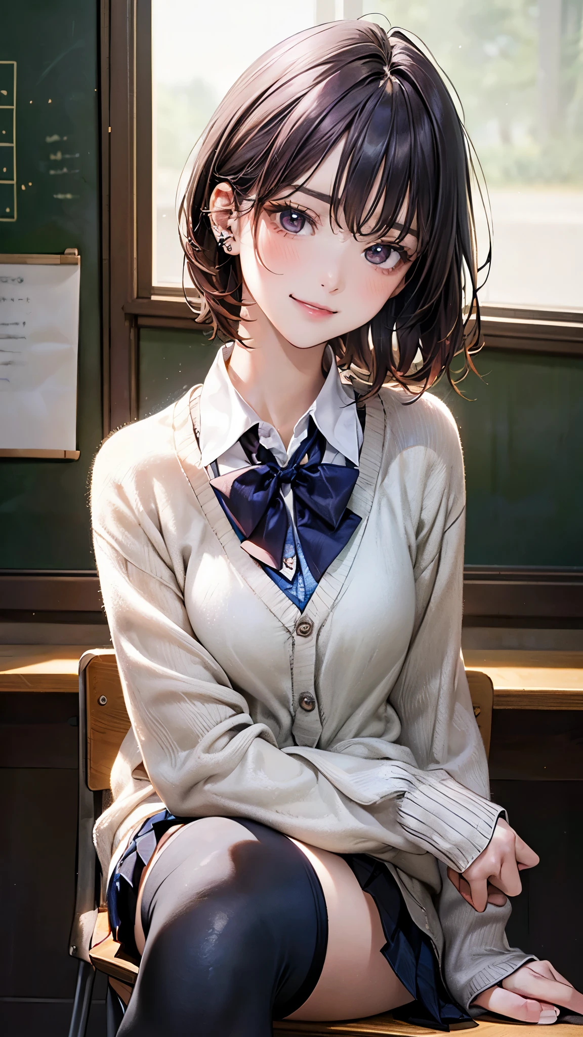 (masterpiece:1.2, top-quality), (realistic, photorealistic:1.4), beautiful illustration, (natural side lighting, movie lighting), 
looking at viewer, fullbody, 1 woman, japanese, 22 years old, high school teacher, perfect face, cute and symmetrical face, shiny skin, babyface, 
(short hair, messy hair, light purple hair), braided bangs, asymmetrical bangs, dark purple eyes, (middle breasts, seductive thighs, big ass), piercings, 
beautiful hair, beautiful face, beautiful detailed eyes, beautiful clavicle, beautiful body, beautiful chest, beautiful thigh, beautiful legs, beautiful fingers, 
((light grey green cardigan, closed clothes, navy blue pleated mini skirt, white collared shirt, dark red bow tie, black thigh-highs)), 
(beautiful scenery), evening, 2024 years, crassroom, blackboard, sitting school chair, crossed legs, crossed arms, (smug face),