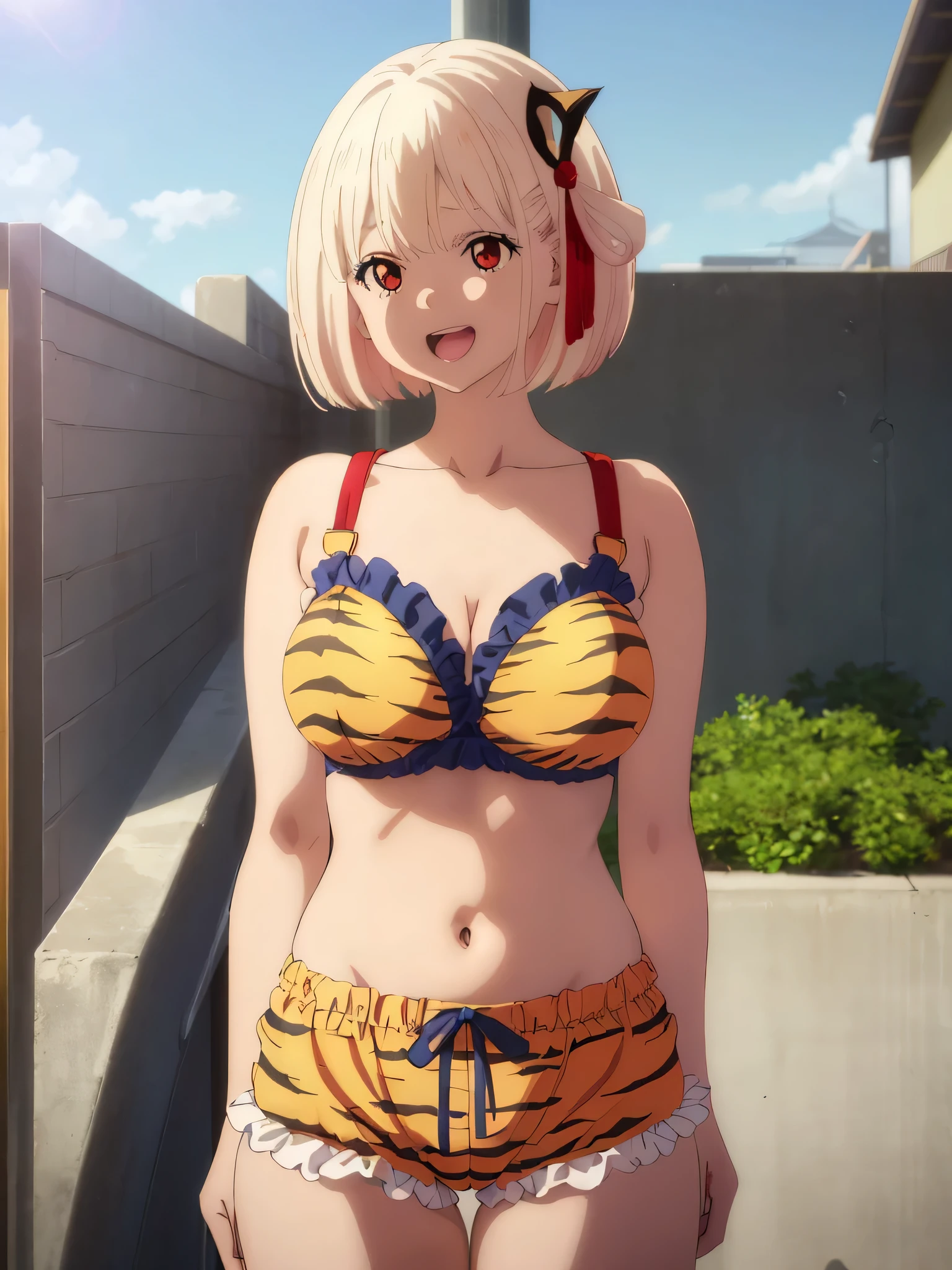 best image quality、high quality、girl,urusei yatsura cosplay、Tiger Print Bra、tiger print shorts、Tiger Print Clothing、devil&#39;s horns、Sexy Cosplay,In the sky、青In the sky浮かぶ、(((空から舞い降りるgirl)))、Body floating in the air、View from the air、blue sky、glare of the sun, strong wind ,(Laughter:1.1), , (wide open eyes:1.2)、Bokeh, written boundary depth, blurred background, Senzoku Nishikigi、Blonde short bob、red eyes
