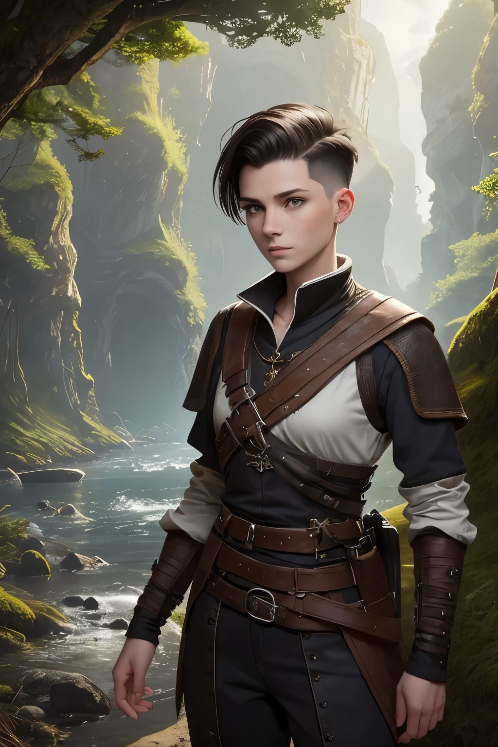 A young androgynous woman with a undercut. Kind. Friendly. Tomboyish. Happy. Skinny. Very short manly haircut. Dark-brown hair. Sides shaved, undercut. Very pale skin with freckles and liverspots. A soft round face with freckles and liverspots. Upturned dark-brown eyes. Very thin and barley visible eyebrows. A long and wide nose. Wide curved lips. Round chin. Slim body. . Wide hips. Thick legs. Used dirty medieval clothing of a lonley ranger and wanderer with tight trousers. Beautiful bright fantasy landscape in the background with shiny forest and rivers. 