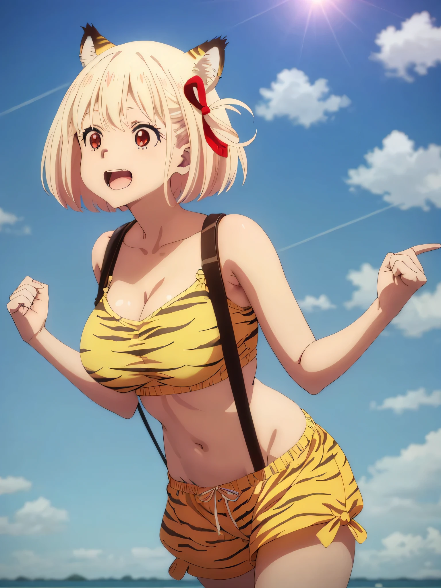 best image quality、high quality、girl,urusei yatsura cosplay、Tiger Print Bra、Bra without shoulder straps、Tiger Print Shorts、Tiger Print Clothing、devil&#39;s horns、Sexy Cosplay,sexy pose、In the sky、青In the sky浮かぶ、in the sky,(((空から舞い降りるgirl)))、Body floating in the air、View from the air、blue sky、glare of the sun, strong wind ,(Laughter:1.1), , (wide open eyes:1.2)、Bokeh, written boundary depth, blurred background, Senzoku Nishikigi、Blonde short bob、red eyes
