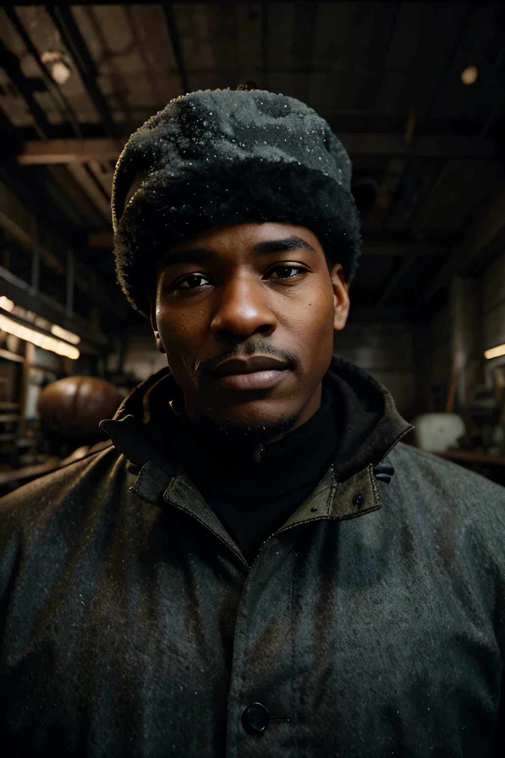 Frostpunk inspired. WW2 aesthetic. Black man, 50s. Wearing a large worn engineer jacket and a thick snowy winter outfit, black hat. Background is inside a engineering workshop. Close up like a portrait. david lynch lighting style
