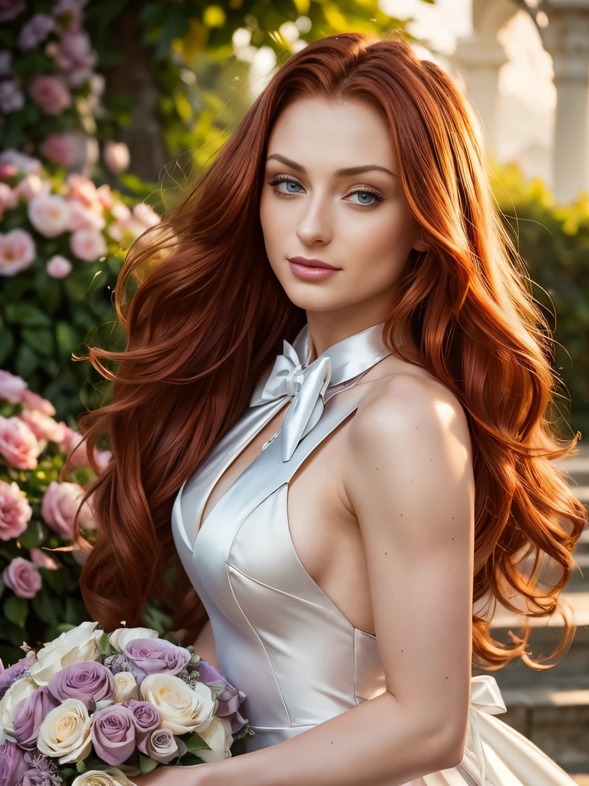 gorgeous happy woman (Sophie Turner) with long wavy red hair (wearing a platinum satin wedding gown:1.15), ((white bowtie:1.14)), gorgeous eyes, slim body, happy, smile, sexy, perfect make-up, cinematic, realistic, high contrast, visually rich, photogenic, flirty, HDR, UHD, dynamic pose, In a dream garden on a magical night. (obra maestra) (mejor calidad), ((surrounded by beautiful flowers)) (in sunset light:1.2), backlit, perfect make-up, cinematic, realistic, tight hairstyle, high contrast, visually rich, perfect eyes, strong eyeliner, elegant, graceful, natural beauty, charismatic, versatile, photogenic, very detailed
