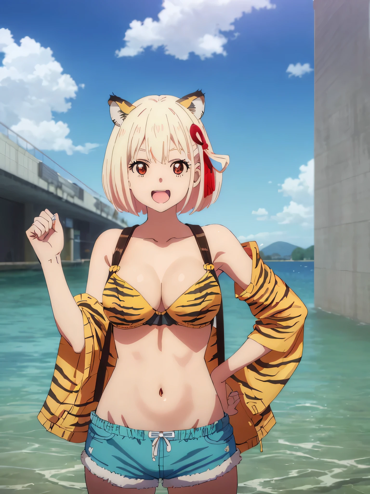 best image quality、high quality、4K,girl,urusei yatsura cosplay、Tiger Print Bra、Bra without shoulder straps、Tiger Print Shorts、Tiger Print Clothing、devil's horns、Sexy Cosplay,sexy pose、In the sky、青In the sky浮かぶ、in the sky,(((空から舞い降りるgirl)))、Body floating in the air、View from the air、blue sky、glare of the sun, strong wind ,(Laughter:1.1), , (wide open eyes:1.2)、Bokeh, written boundary depth, blurred background, Senzoku Nishikigi、Blonde short bob、red eyes