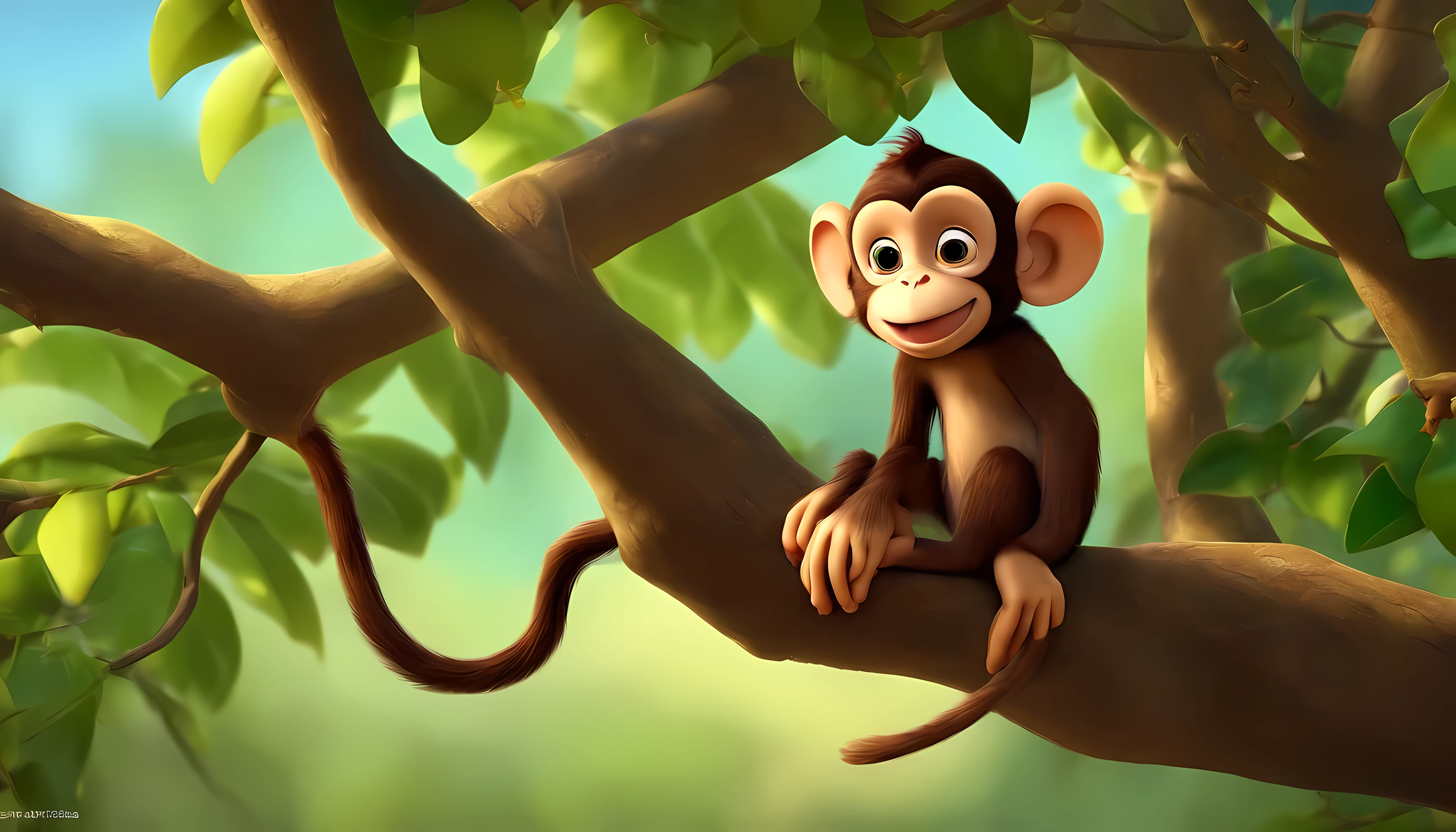 a  monkey alone swinging on a branch, disneypixar, desenho animado