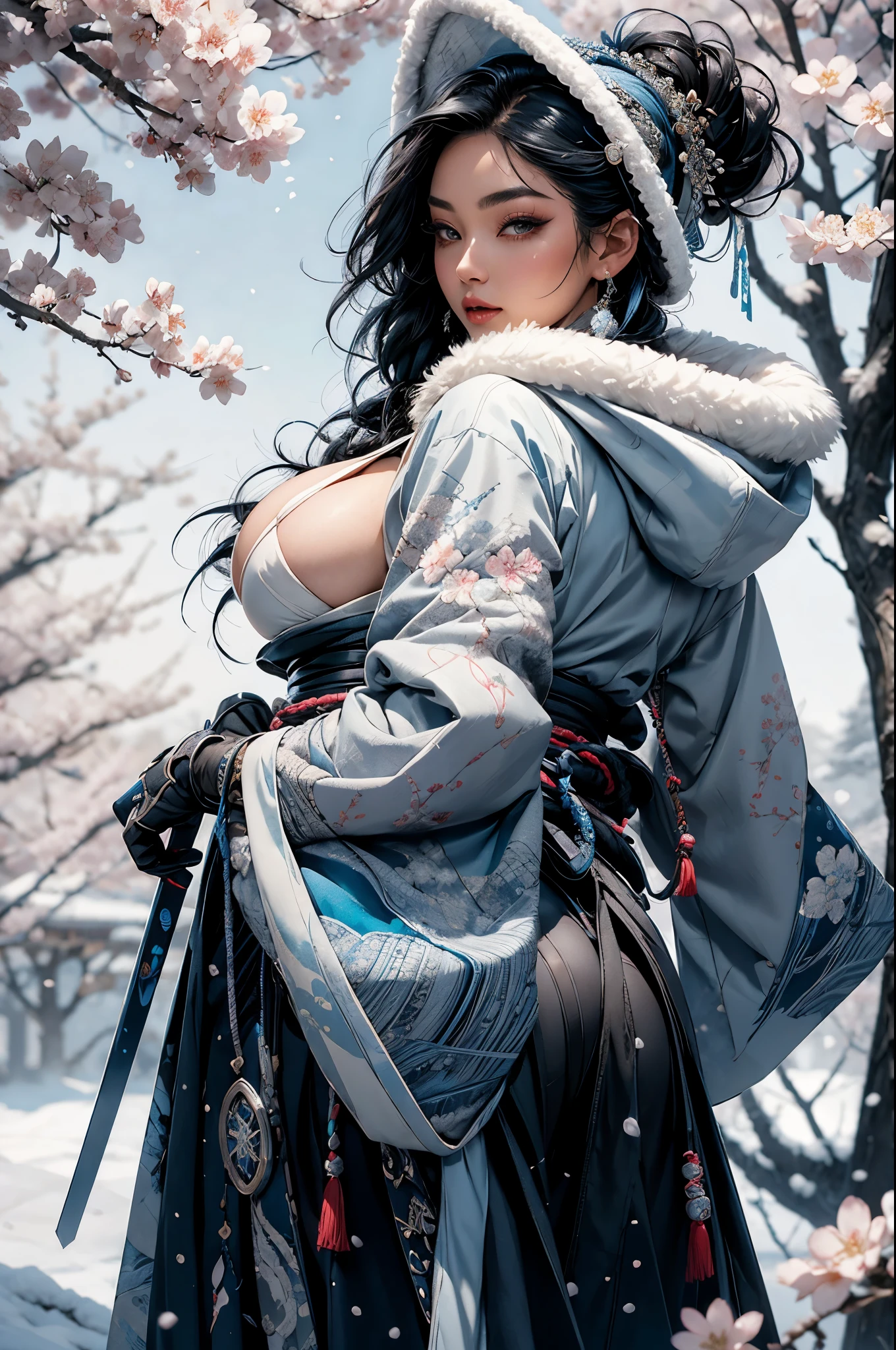 1girl, icestylesamurai, white skin, very long blue hair, vibrant moonlight eyes, long detailed eyelashes, gloves, wide sleeves, , tassel, sash, the most beautiful and highly detailed hooded kimono, fur trim, curvy body type, perfect ass, thick thighs, super huge enormously gigantic breasts, cleavage showing, tons of tattoos and piercings, arching her back in a sexy seductive slutty pose, looking at the viewer, cherry blossoms blowing in the wind