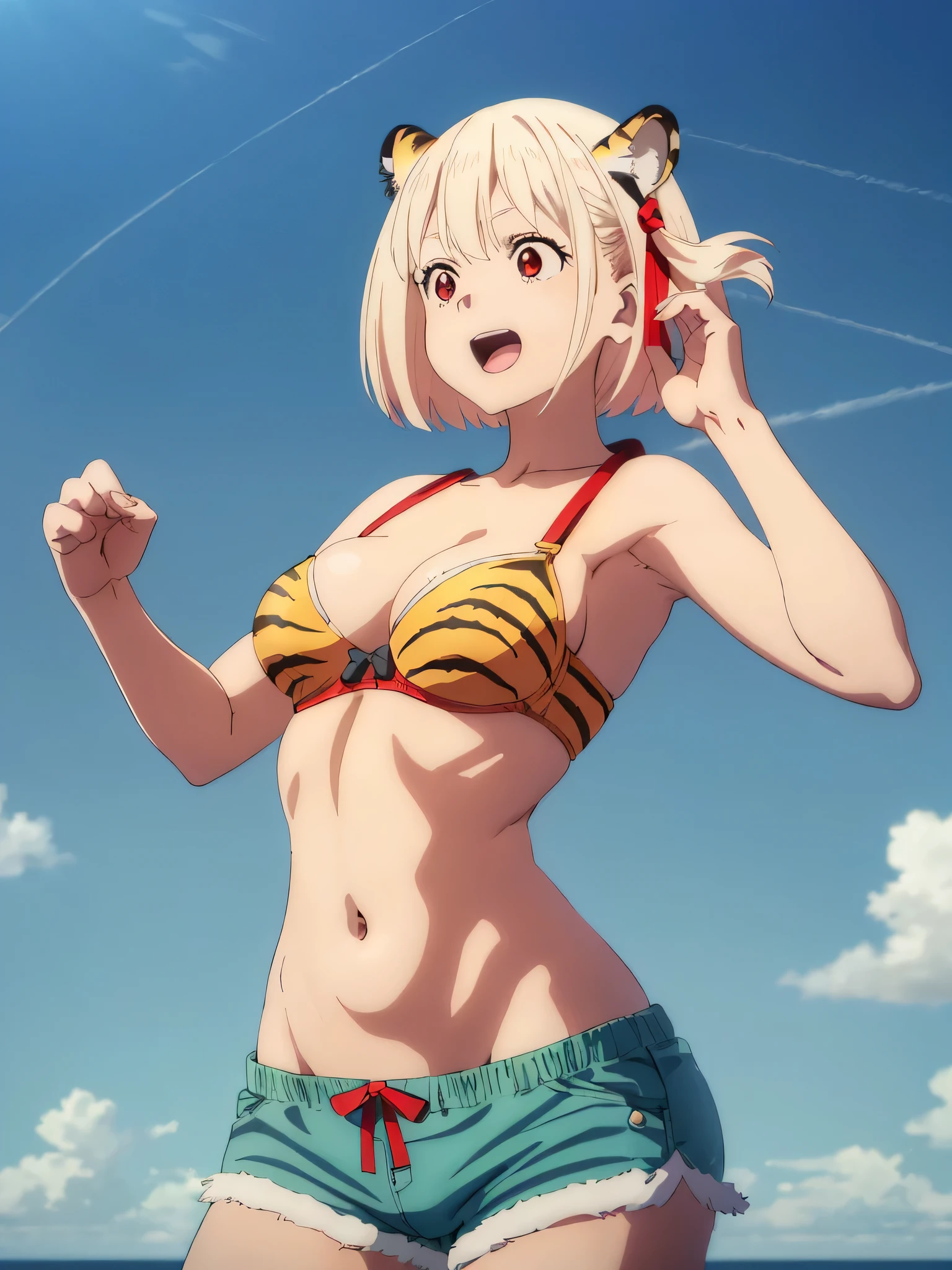 best image quality、high quality、4K,girl,urusei yatsura cosplay、Tiger Print Bra、Bra without shoulder straps、Tiger Print Shorts、Tiger Print Clothing、devil's horns、Sexy Cosplay,sexy pose、In the sky、青In the sky浮かぶ、in the sky,(((空から舞い降りるgirl)))、Body floating in the air、View from the air、blue sky、glare of the sun, strong wind ,(Laughter:1.1), , (wide open eyes:1.2)、Bokeh, written boundary depth, blurred background, Senzoku Nishikigi、Blonde short bob、red eyes