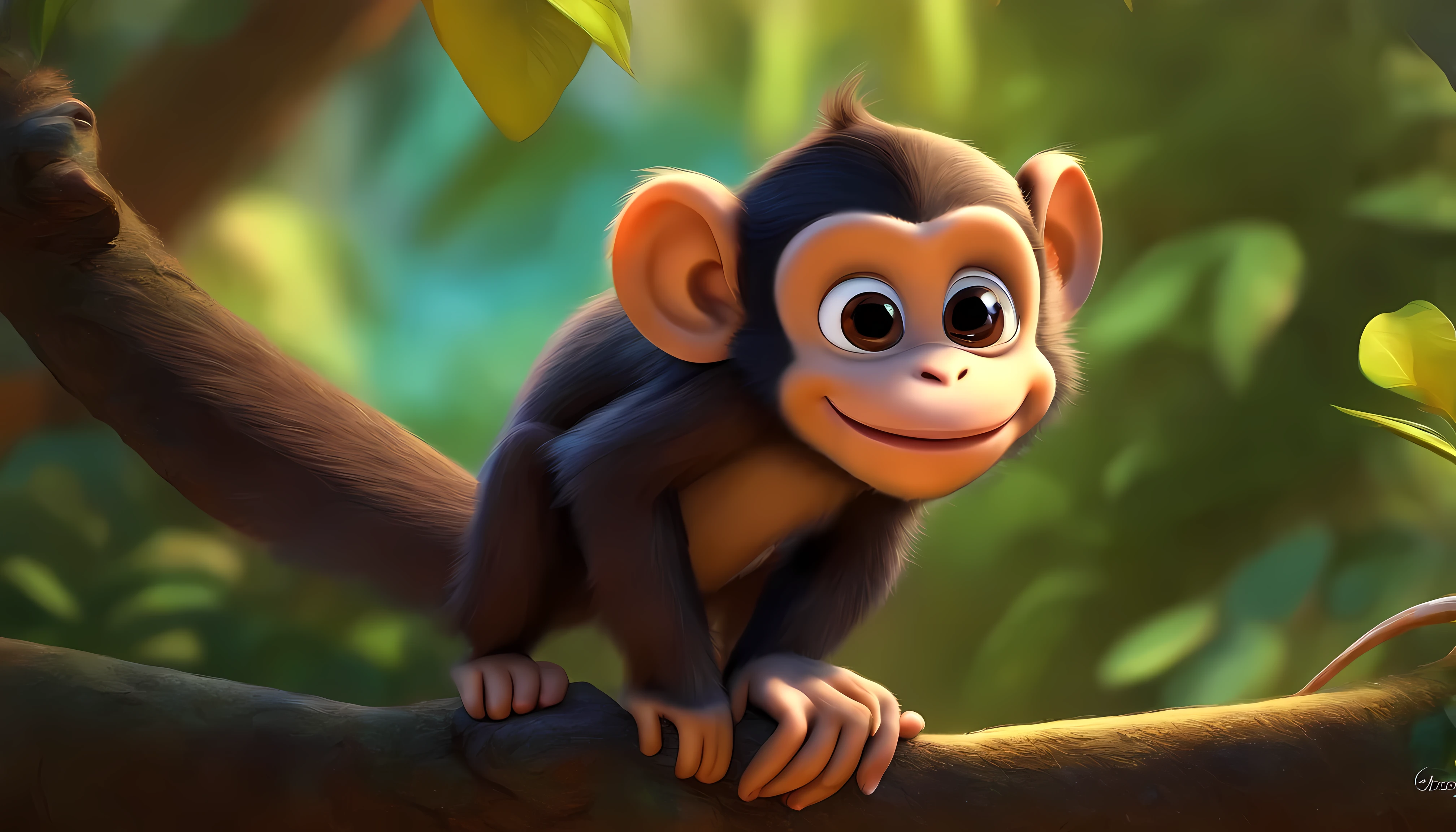 a little monkey alone swinging on a branch, disneypixar, desenho animado