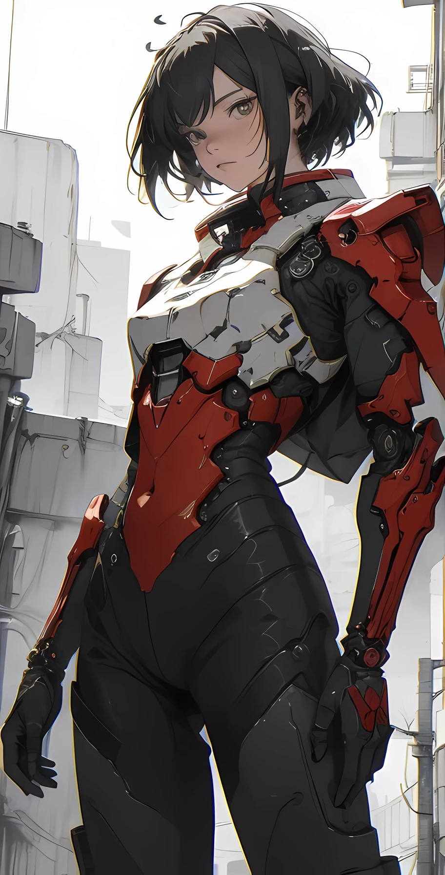 a close up of a female deity with a black and red biomechanical body, black and white void space, mix of magic and science, magic, science, black and red biomechanical details, silver tracing around some armor pieces, great character design, white biomechanical details, red mecha, highly detailed exquisite art, intricate red armor, no face, halo of energy over his head, 