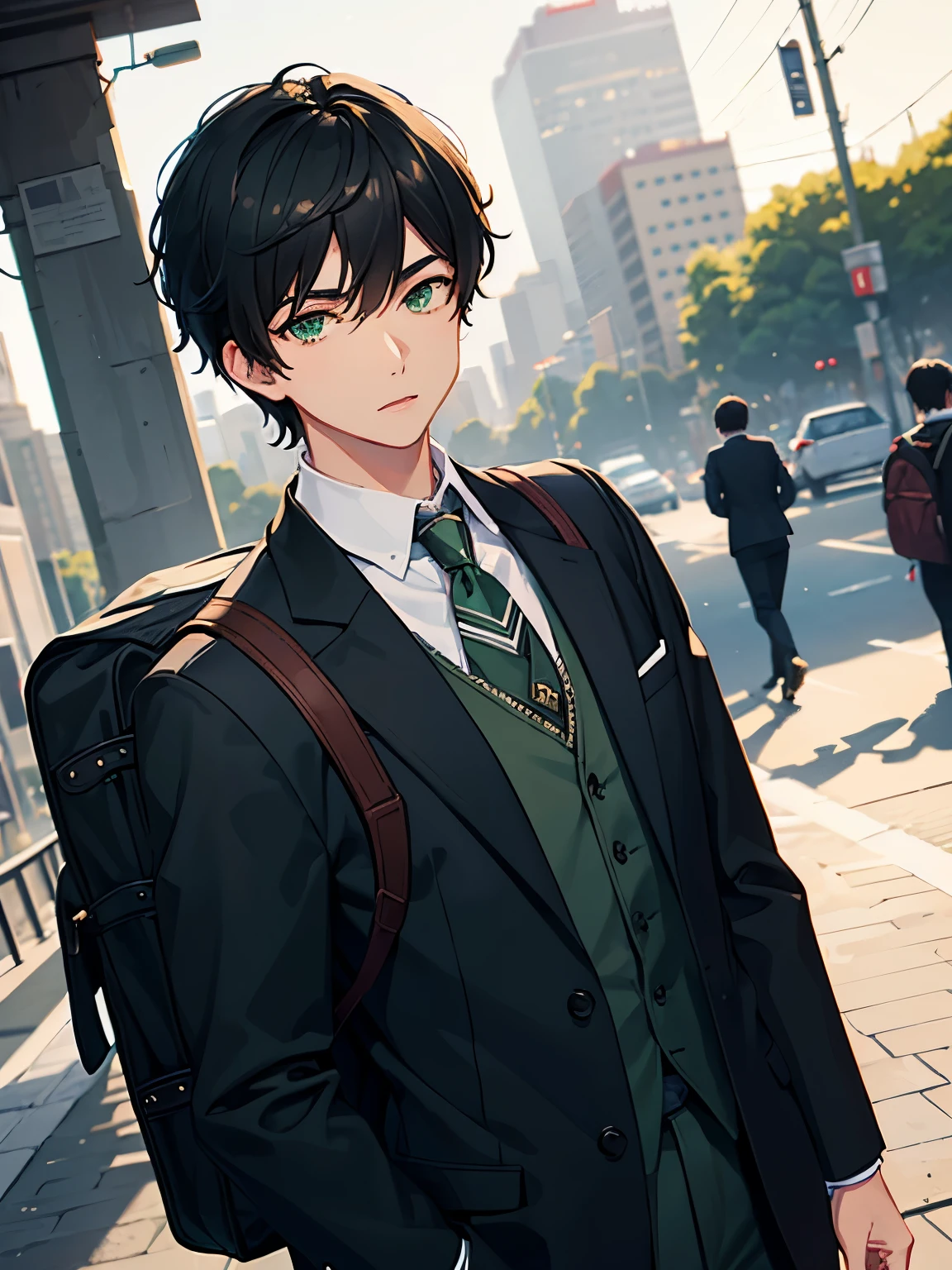 man, young man, man black hair, green eyes, men's school uniform, backpack, morning city background, realistic light and shadow, soft lighting, very detailed