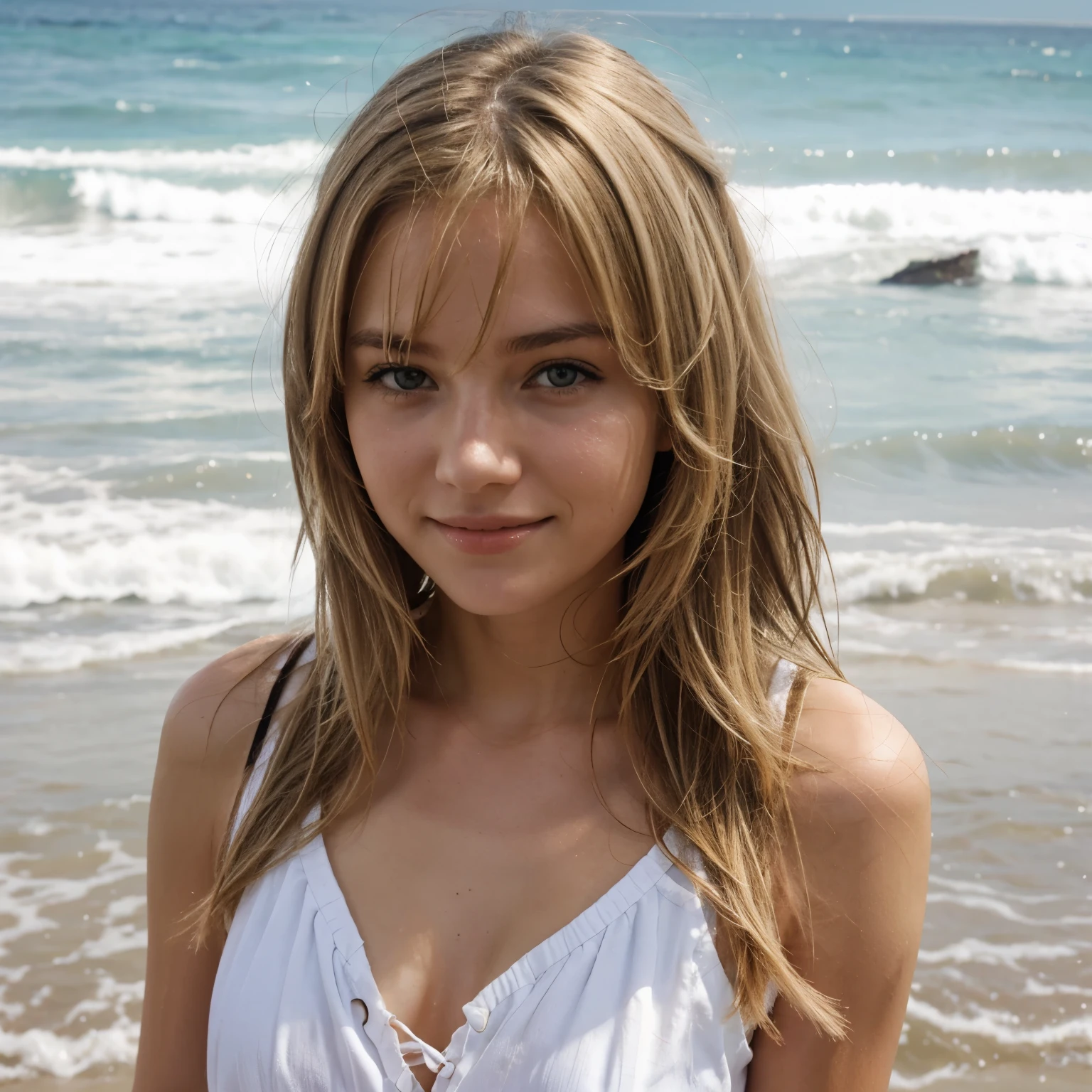 A young ((((14-year-old)) Margery Fitzgerald)), beautiful, intelligent, expressive eyes, graceful, David Hamilton style, overdeveloped, 90s, granulated picture, masterpiece, best quality, photo-realistic,, bare shoulders, full body, beach, naked