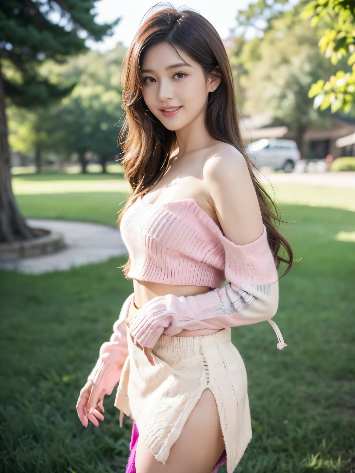 ((((top-quality))))、(((Ultra Precision CG16K Wallpapers)))、(((masterpiece)))、(((ultra-detailliert)))、(((Ultra-extreme details)))、1Man Woman、a matural female、a 25yo woman、((Korean Face))、((extremely beautiful face))、((K-pop idol、HAERIN:1.traight Bob Hair:1.3))、(shair)、Bangs up to the eyebrows、Beautiful brown hair、Beautiful delicate eyes、Brown eyes、raised eyebrows、lofty nose、small nostrils、Small mouth、seductive lips、slightly open mouth、Beautiful breasts、C-cupreasts、cleavage of ast、Plumerfectly proporterfect anatomia、perfect-composition、beautiful detailed shading、Beautiful natural lighting、Beautiful detail glow、depth of fields、(((a high chroma)))、(((realisitic:1.9)))、((Vivid:1.4))、((Beautiful skin))、((Skin texture))、((Realistic skin feeling))、(((Head-to-thigh shot:1.5)))、((Frontal angle:1.5))、((a smile:1.4))、(Eyes looking at me)、Bright sunshine、(((standing in park:1.5)))、(standing pose)、(((Bright colored lot clothes:1.6)))、(((Wearing white shorts:1.6)))、